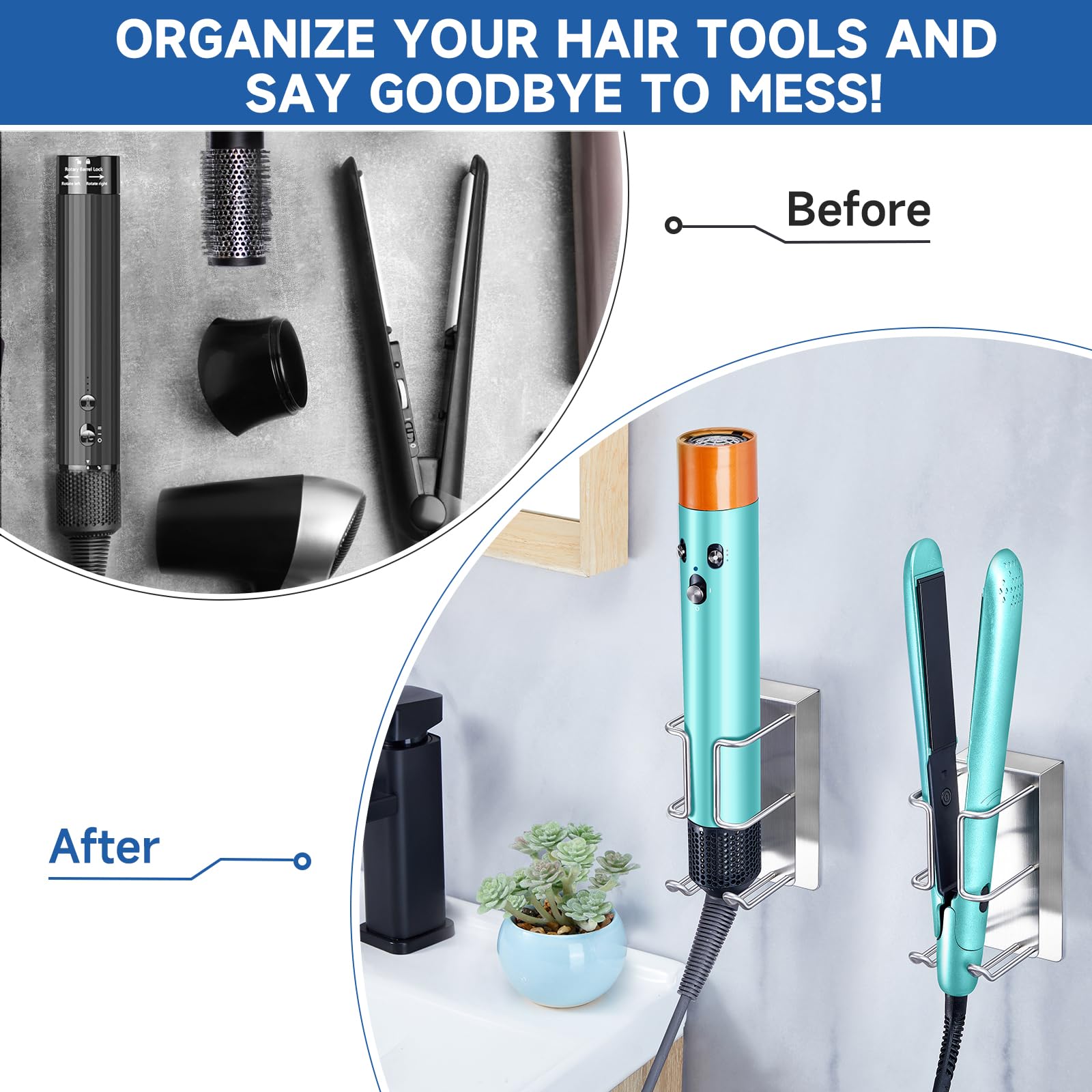XILIMEN No Drill Wall Mount Hair Dryer Holder & Straightener Organizer - Stainless Steel Bathroom Storage for Blow Dryers, Flat Irons (Silver) | Perfect for Small Spaces, Vanity & Closet Organization