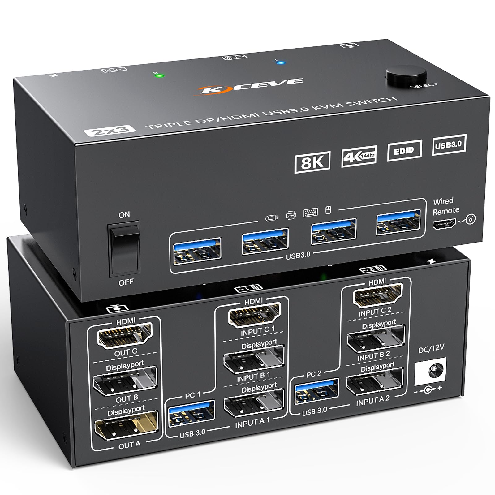 Triple Monitor USB 3.0 KVM Switch - 3 Monitors 2 Computers Support 8K@60Hz & 4K@144Hz, HDMI + 2 DisplayPort for Dual PC Setup, 4-Port USB 3.0 Hub with Wired Remote & Power Adapter - Perfect for Gaming, Trading & Multi-Tasking Workstations