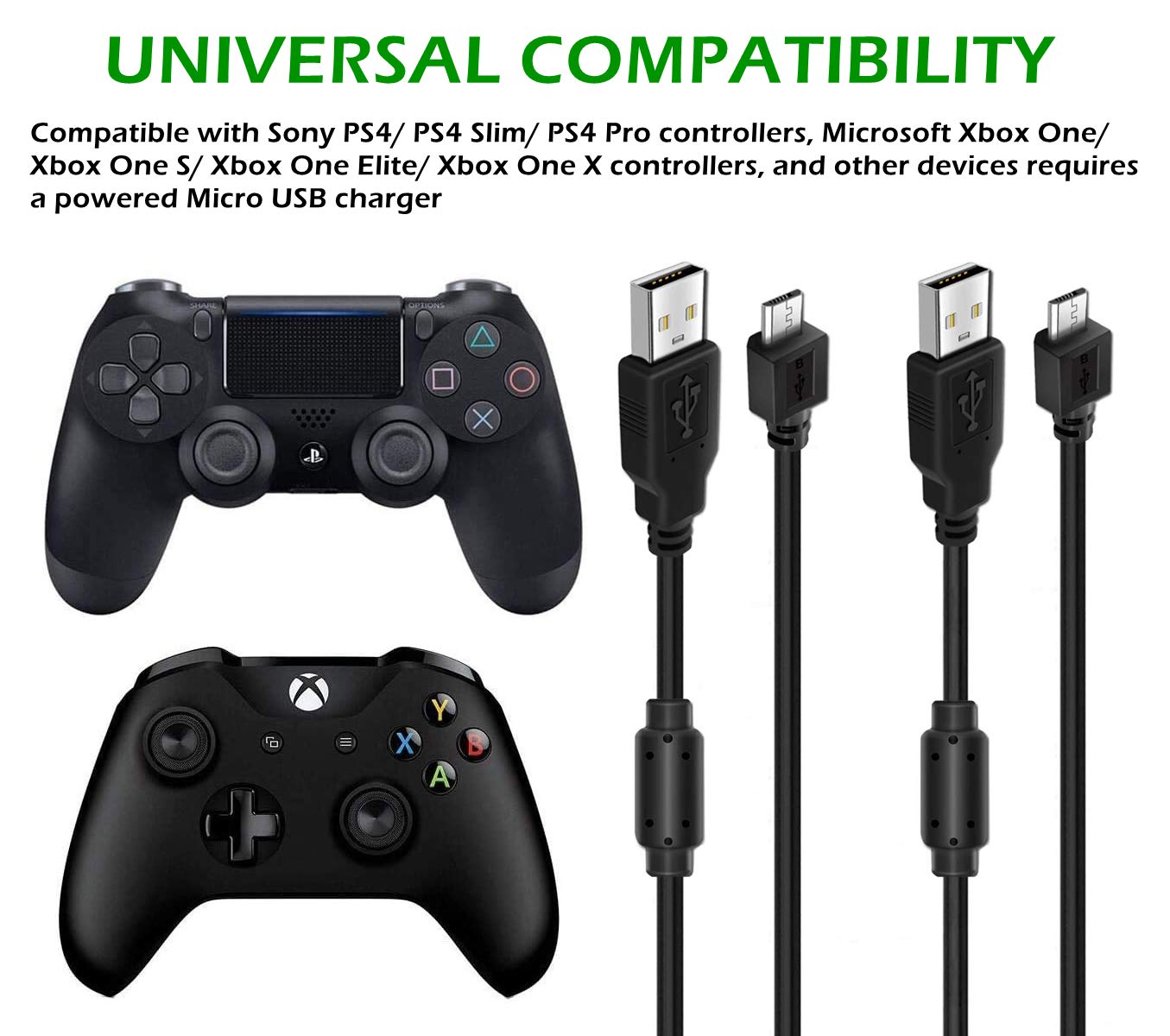 2 Pack 10ft PS4 Controller Charging Cable - Fast Charging & Data Sync Cord for Sony PlayStation 4/PS4 Pro/PS4 Slim & Xbox One X/One S/One Elite Controllers (Black) - Perfect for Gaming & Charging Simultaneously