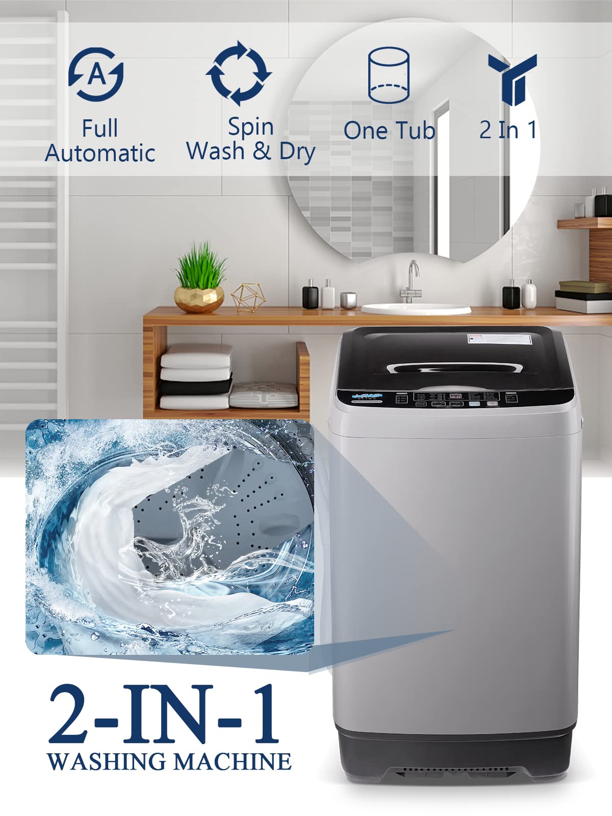 Full Automatic Washing Machine with LED Display - 17.7 lbs Portable Washer with Drain Pump, 10 Programs & 8 Water Levels - Perfect for RV, Camping, Apartments, Dorms & Small Spaces (Dark Grey) - Compact Laundry Solution for Travel, Tiny Homes & Limited Spaces