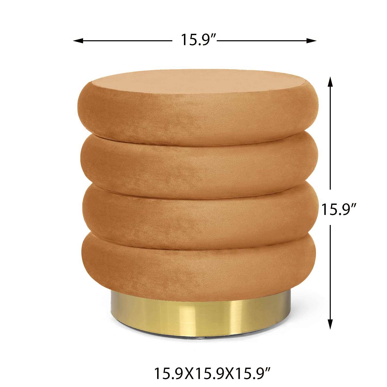 Homebeez 15.9 Inch Velvet Round Modern Storage Ottoman Coffee Table with Gold Base - Orange | Contemporary Living Room Furniture for Small Spaces, Bedroom Footrest & Extra Seating