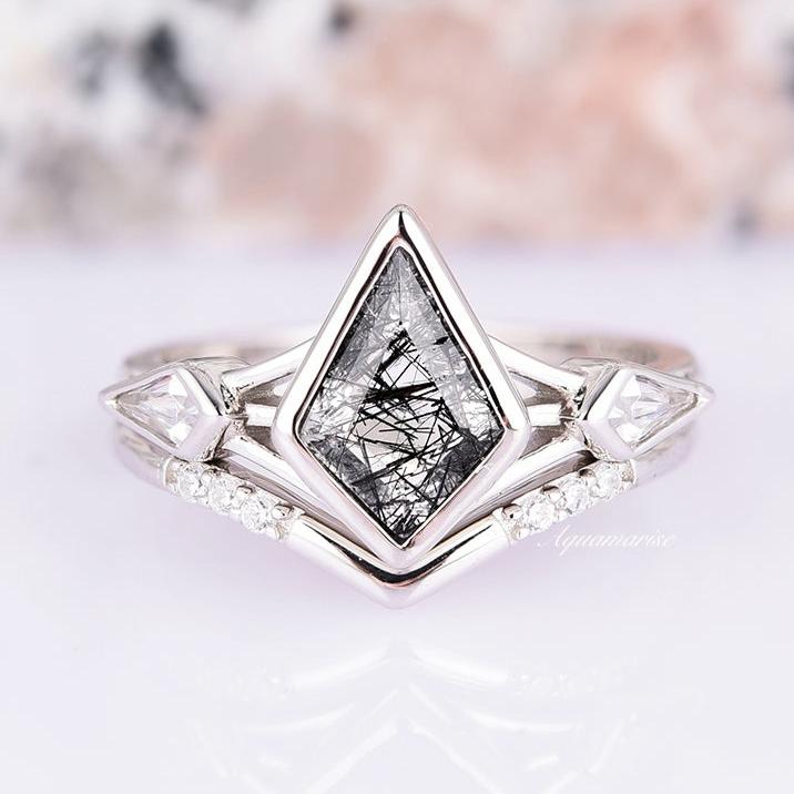 Celtic Kite Black Rutilated Quartz Ring Set - 925 Sterling Silver Jewelry for Women, Handmade Boho Wedding Band, Unique Spiritual Gift for Her | Perfect for Celtic Weddings, Pagan Ceremonies & Everyday Wear