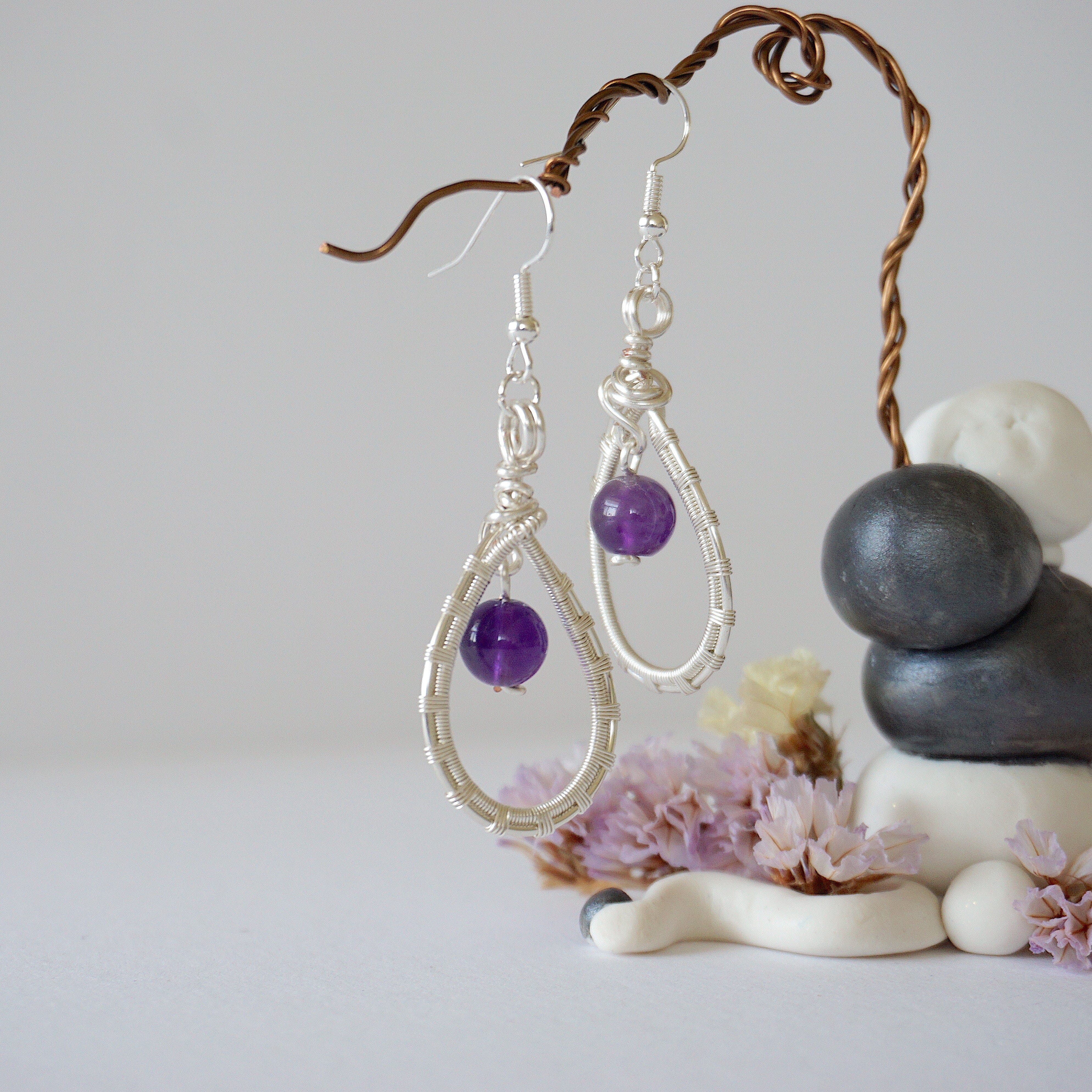 Amethyst Round Wire Earrings for Women - Silver Plated Dangle Earrings - Elegant Purple Gemstone Jewelry for Party, Wedding & Everyday Wear