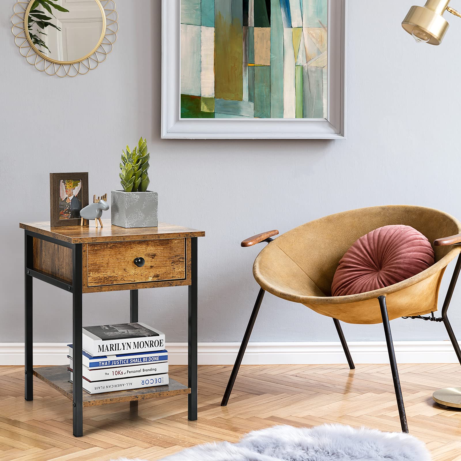 Giantex Industrial Nightstand Set of 2 - 2-Tier End Tables with Storage Drawer & Shelf, Metal Frame Bedside Tables with Wooden Top for Bedroom & Living Room - Easy Assembly Rustic Brown - Perfect for Small Spaces & Apartment Decor