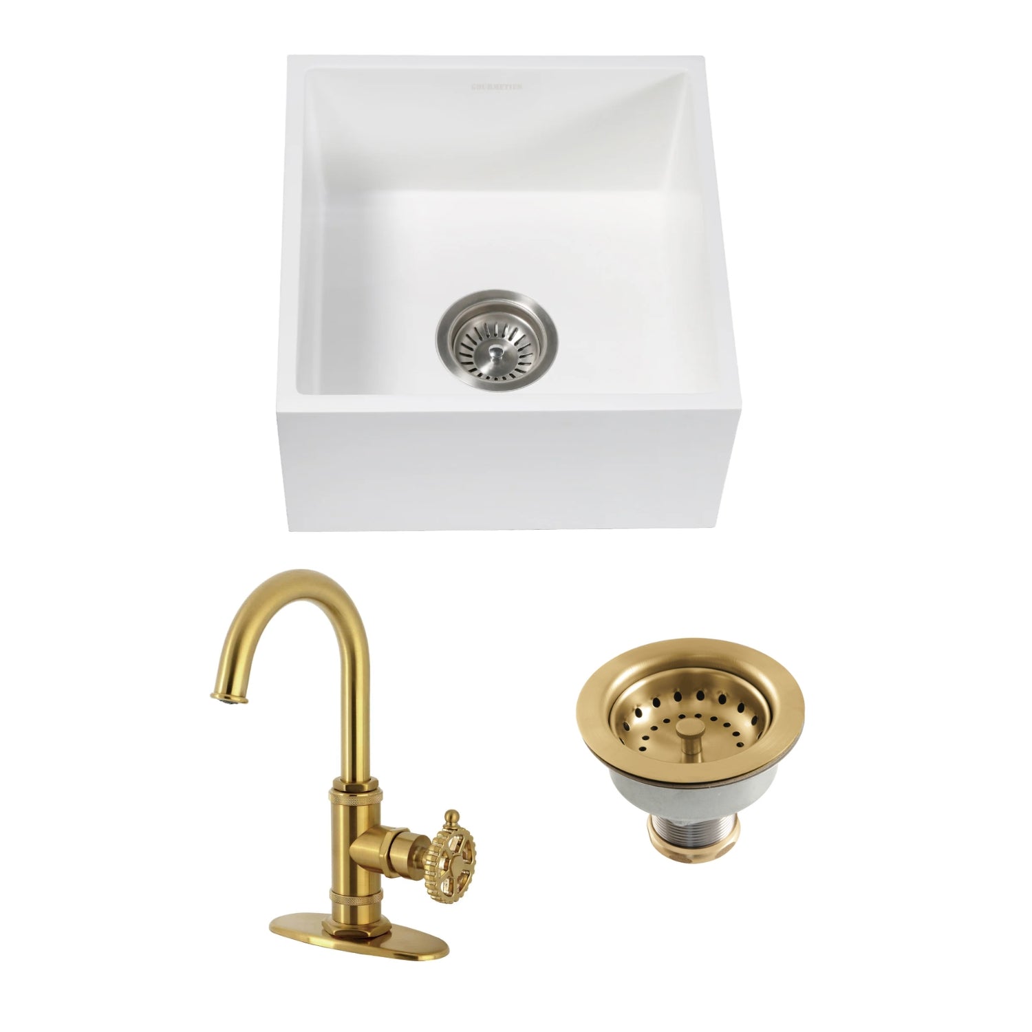 Arcticstone 15 Inch White Stone Undermount Single Bowl Farmhouse Bar Sink with Brushed Brass Deck Mount Faucet & Basket Strainer - Perfect for Kitchen Islands, Wet Bars, and Outdoor Entertaining Areas