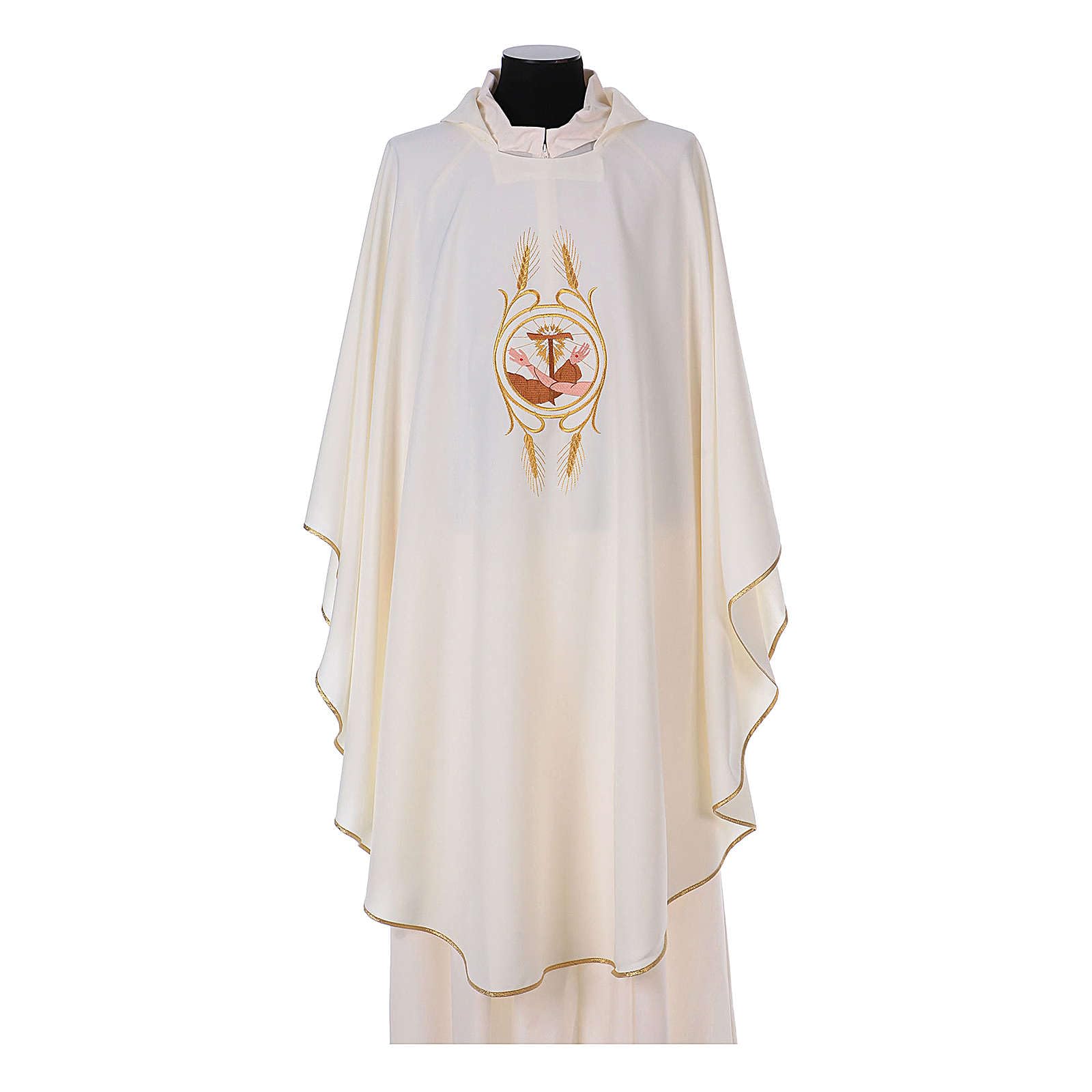 Polyester Franciscan Chasuble with Jesus and St. Francis Embroidery - Ivory Priest Vestment for Catholic Mass & Church Ceremonies