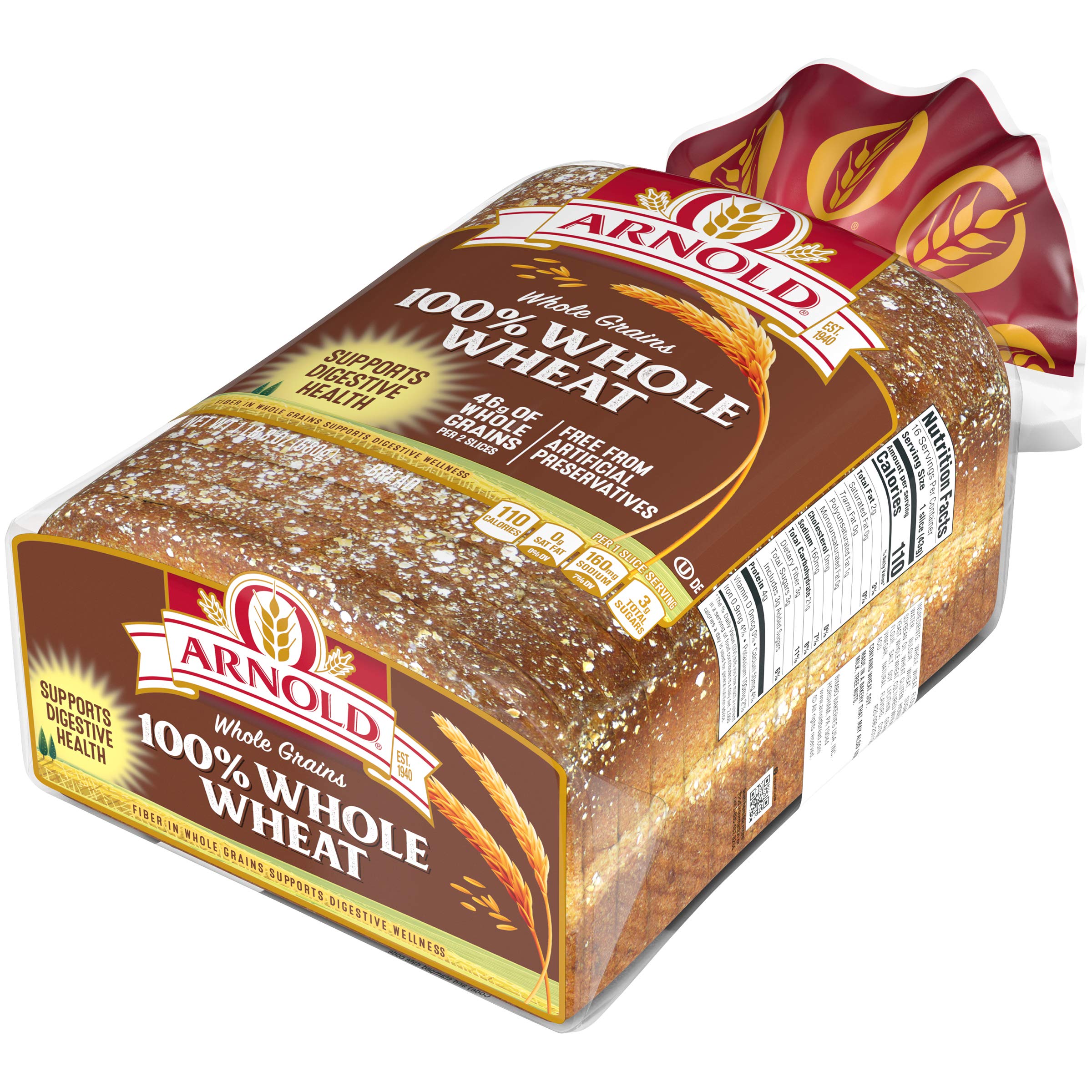 Arnold Whole Grains 100% Whole Wheat Bread - 24 oz Bag | Healthy Sandwich Bread for School Lunches & Family Breakfasts