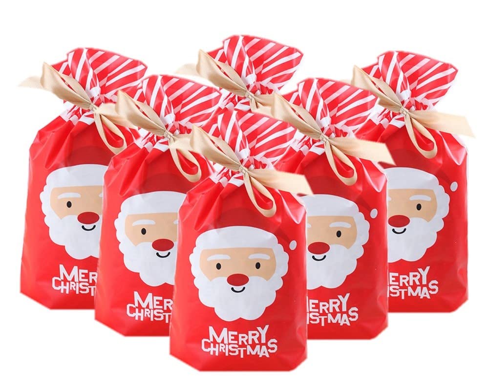 50 Pcs Christmas Candy Bags - Plastic Drawstring Gift Bags for Holiday Treats, Birthday Parties, Wedding Favors & Xmas Snack Wrapping | Reusable Party Favor Bags for Candy, Cookies & Small Gifts
