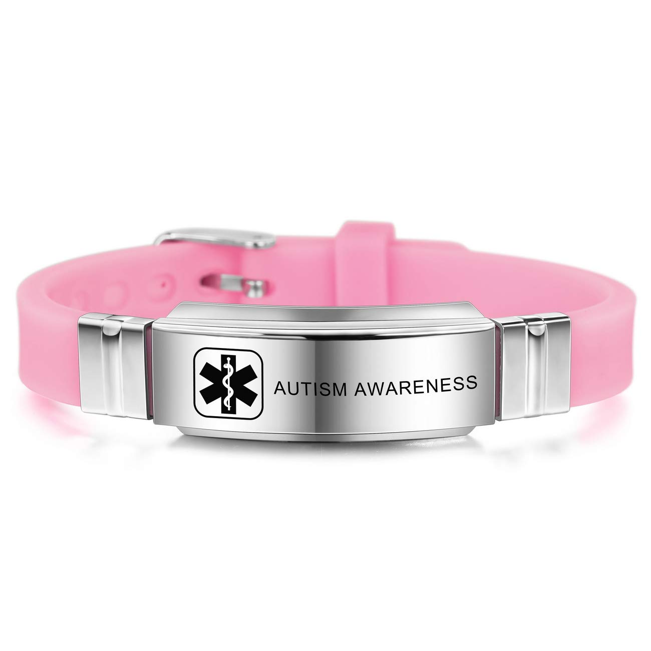 Custom Engraved Silicone Adjustable Sport ID Bracelet with Stainless Steel Clasp - Autism Awareness Medical Alert Wristband (Pink) + Emergency Card Holder for Kids, Adults, Runners & Outdoor Activities