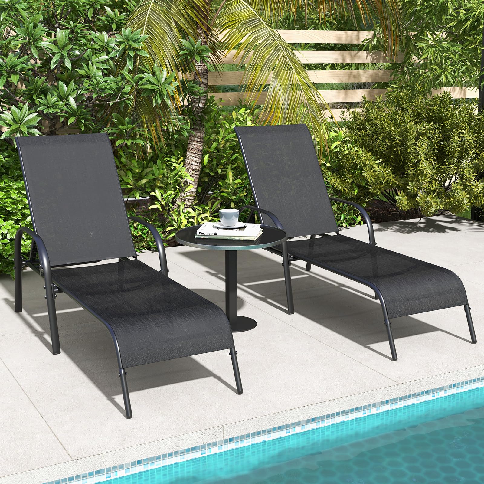 Giantex 2 Pack Adjustable Patio Lounge Chairs - Heavy Duty Steel Frame Outdoor Chaise Lounges with 5-Position Reclining Backrest - Perfect for Sunbathing, Beach, Poolside, Backyard & Balcony Relaxation - Black