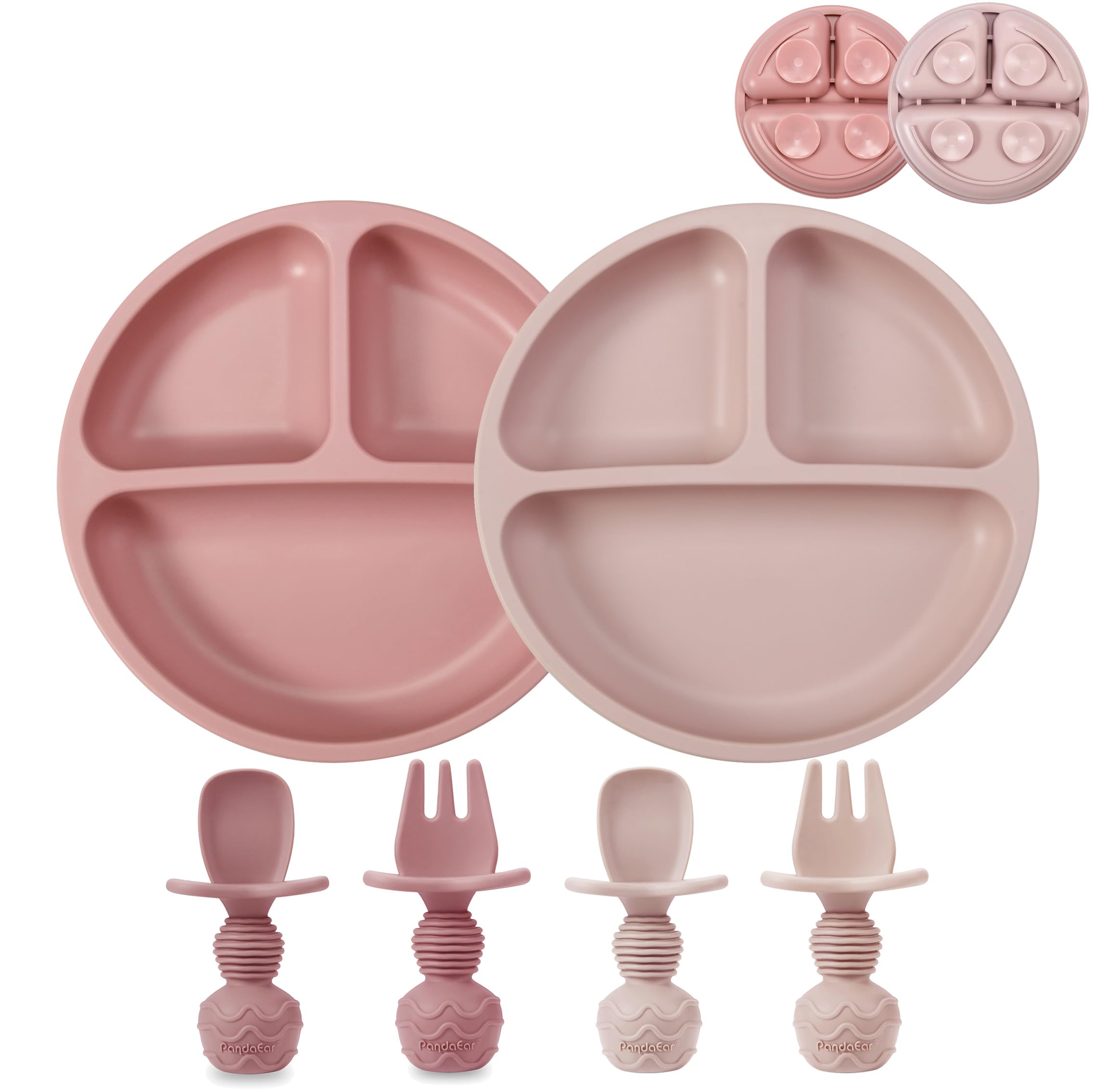 PandaEar 2 Pack Toddler Divided Suction Plates with 2 Spoons & 2 Forks | BPA-Free Silicone Baby Feeding Set for Self Feeding & Baby Led Weaning | Perfect for Home, Travel & Daycare Use - Pink