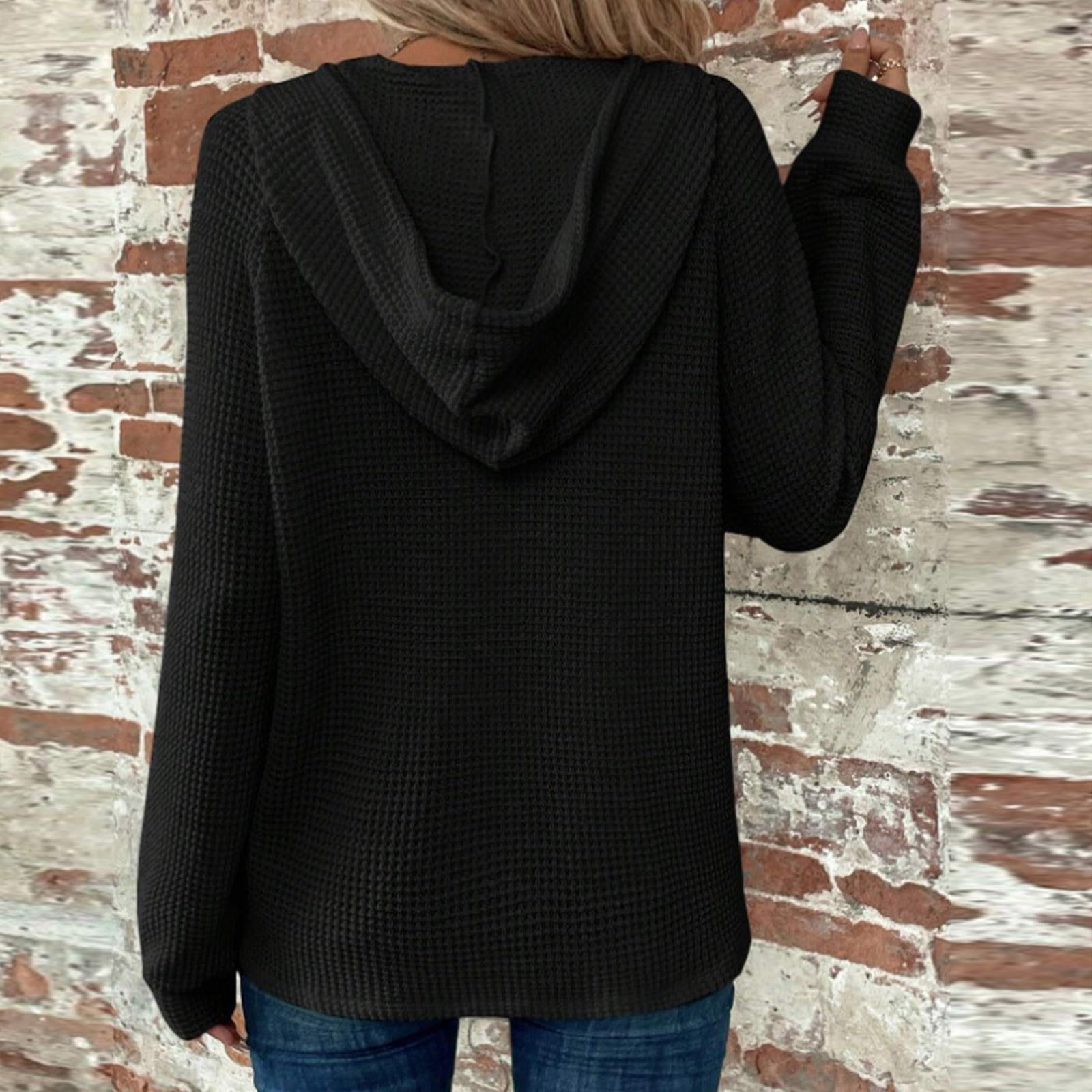 Women's Waffle Knit Oversized Hoodie - Button V Neck Lightweight Y2K Baggy Pullover Sweater | Casual Loungewear & Streetwear Fashion for Everyday Wear