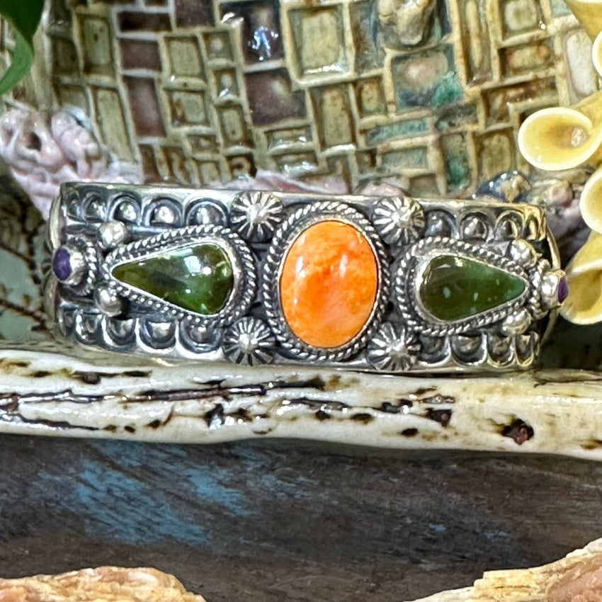 Authentic Navajo Delbert Gordon Sterling Silver Bracelet with Spiny Oyster Turquoise - Perfect for Boho Fashion, Western Style & Gift Giving