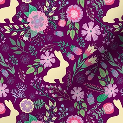 Easter Bunnies Raspberry Spring Floral Wine Bunny Rabbit Flowers Printed on Petal Signature Cotton Fabric by The Yard - Premium Spoonflower Fabric for Sewing, Quilting, Apparel, Crafts & Home Decor - Perfect for Easter Decorations, Spring Dresses & DIY Projects