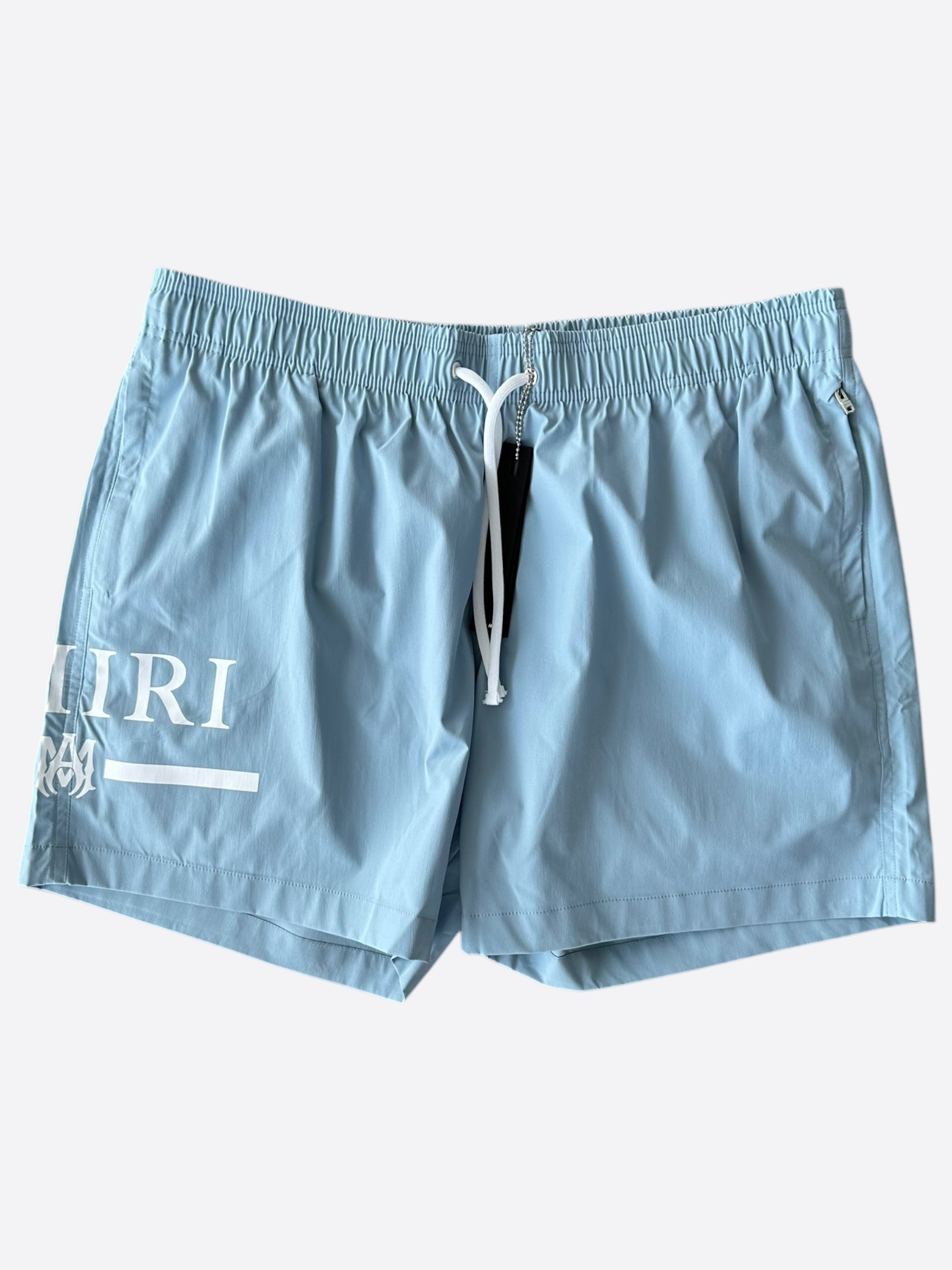 Amiri Men's Blue & White MA Bar Logo Swim Shorts - Quick-Dry Swim Trunks for Beach, Pool & Summer Vacations