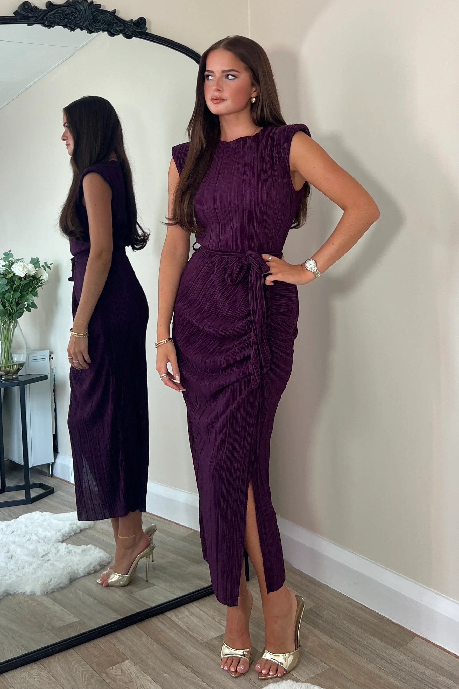 Elena Ruched Seamed Midi Dress for Women - Elegant Purple Bodycon Dress for Party, Wedding & Date Night