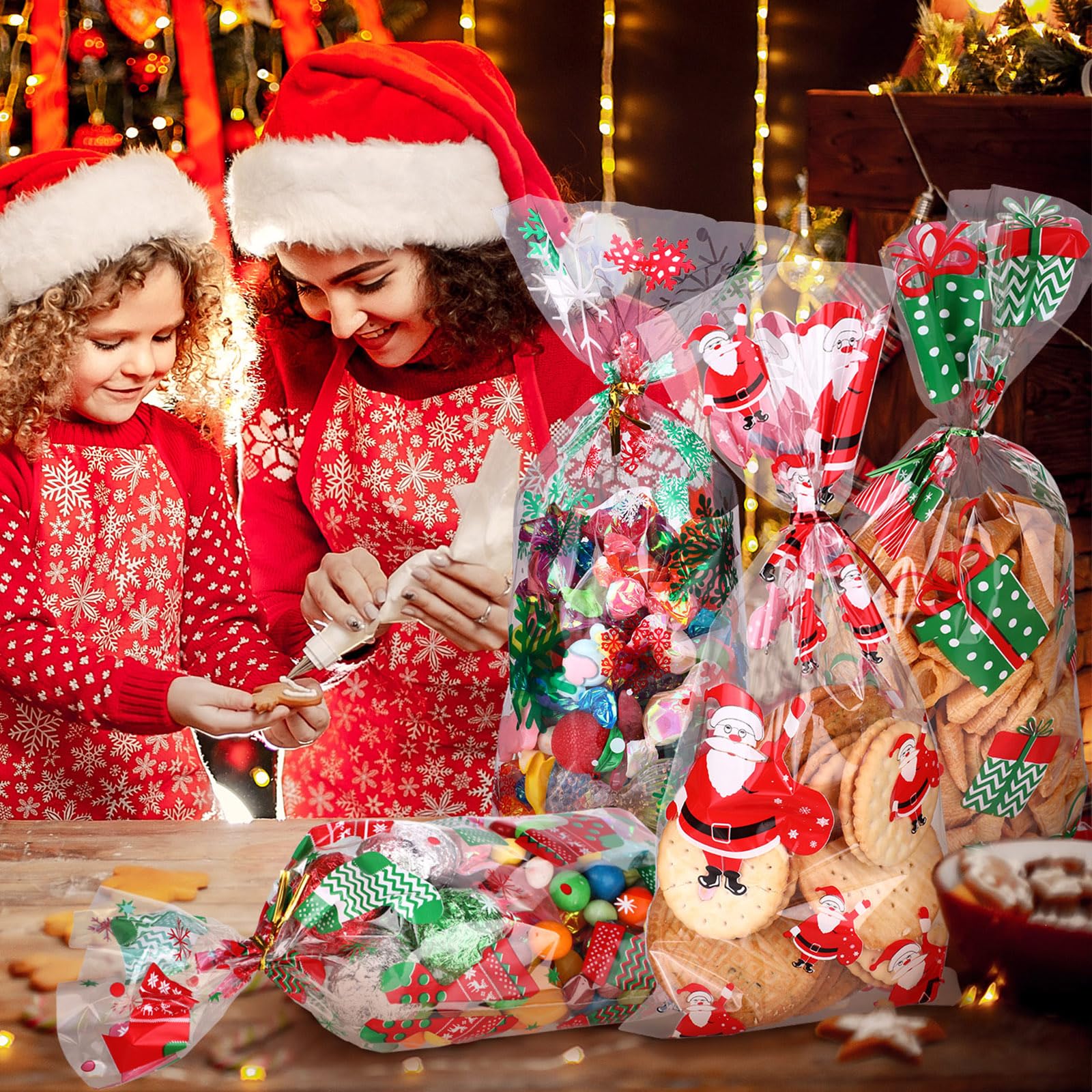 200 Pcs Christmas Cellophane Bags with 300 Twist Ties - 4 Styles for Holiday Candy, Cookies & Party Favors - Perfect for Christmas Treats, Gift Wrapping & Themed Party Supplies