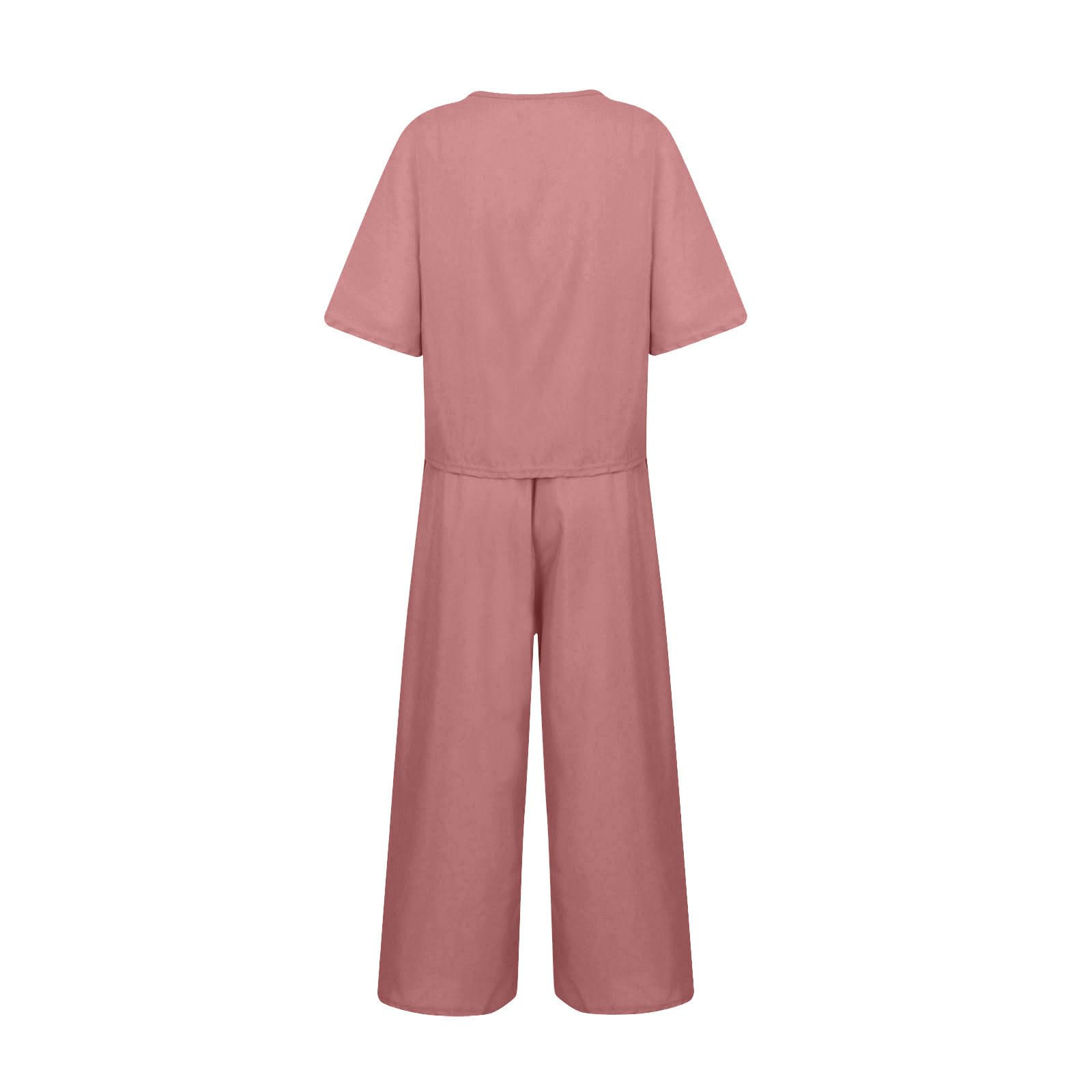 Rkwins Women's 2-Piece Linen Outfit Set - Summer Casual Short Sleeve Top & Wide Leg Pants Jogger Set | Breathable Comfort for Beach, Travel & Lounge Wear
