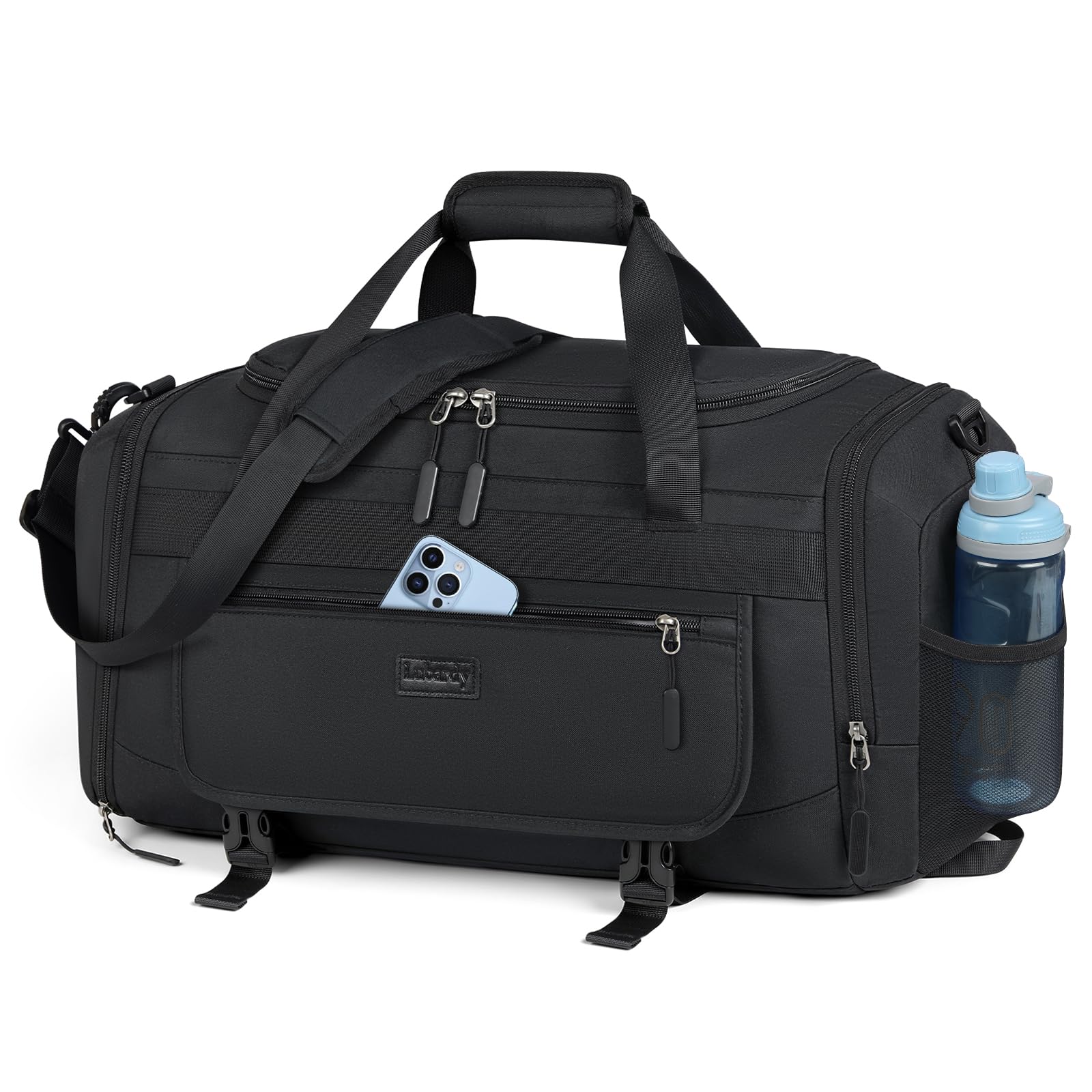 **55L Waterproof Gym Bag for Men & Women - Sports Duffel Bag with Wet Pocket & Shoe Compartment - Large Travel Duffle Bag for Workout, Weekend Trips, Overnight Stay, Beach & Carry-On Use - Black**