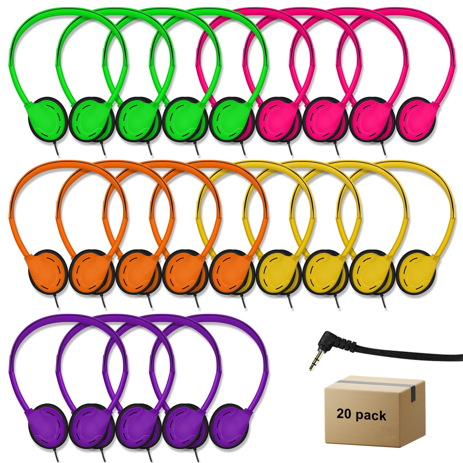 20 Pack Bulk Kids Headphones for School Classroom - Adjustable 3.5mm Jack Headphones for Students, Children & Adults - Multi Color Earphones for Library, Online Learning & Home Study
