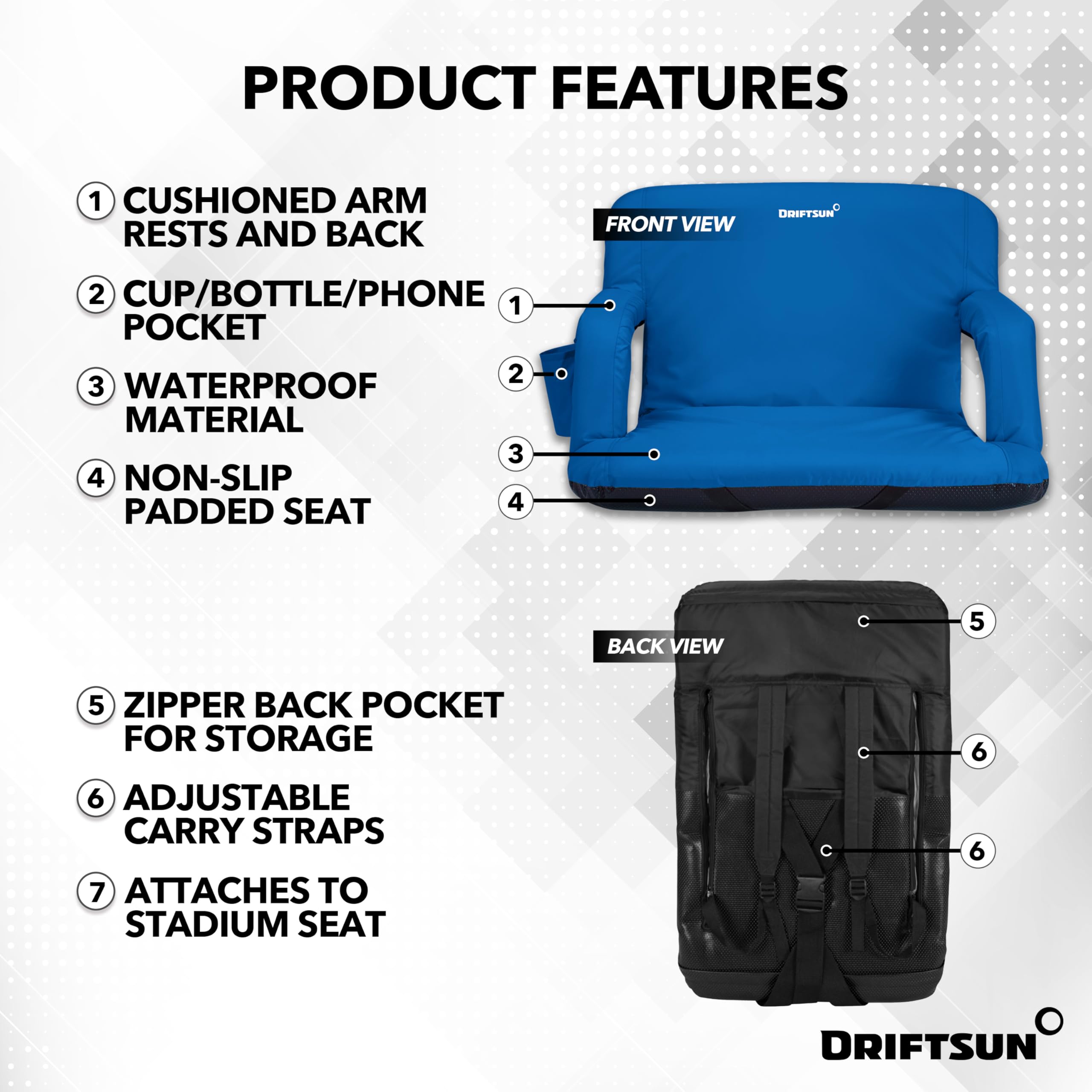Driftsun 2 Pack Extra Wide Stadium Seats with Back Support - Foldable Bleacher Chairs for Outdoor Sports, Concerts & Events - Waterproof Portable Stadium Seating for Football, Baseball, Soccer Games & Picnics