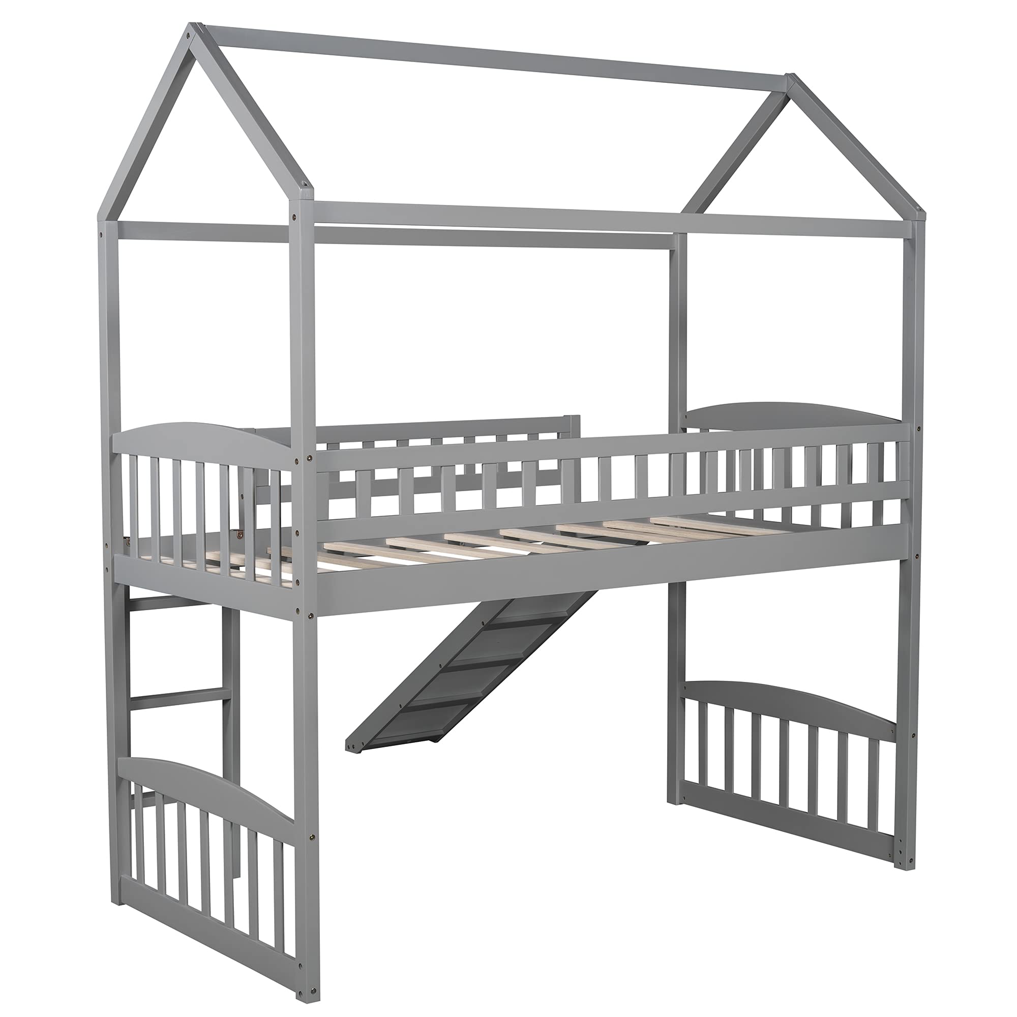 Harper & Bright Designs Twin Loft Bed with Slide, Ladder, Headboard & Footboard - Playhouse Loft Bed for Kids & Toddlers (Girls/Boys) - Gray - Perfect for Small Bedrooms, Playrooms & Kids' Sleepovers