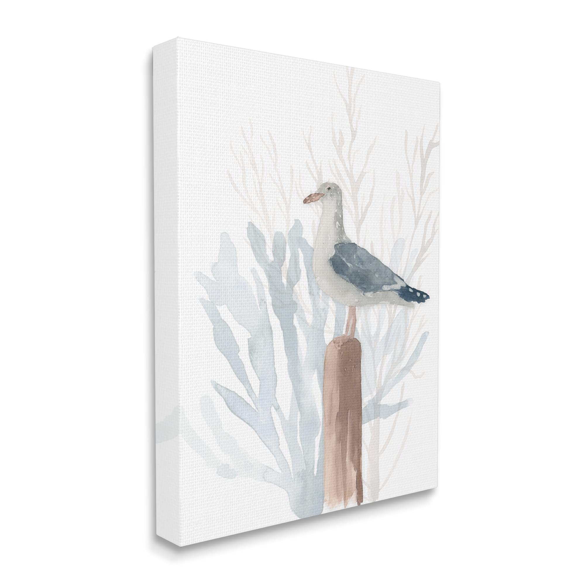 Stupell Industries Relaxed Nautical Seagull Beach Bird Blue Sea Coral Wall Art - 24x30 White Canvas Painting by Lucille Price - Perfect for Coastal, Beach House & Living Room Decor