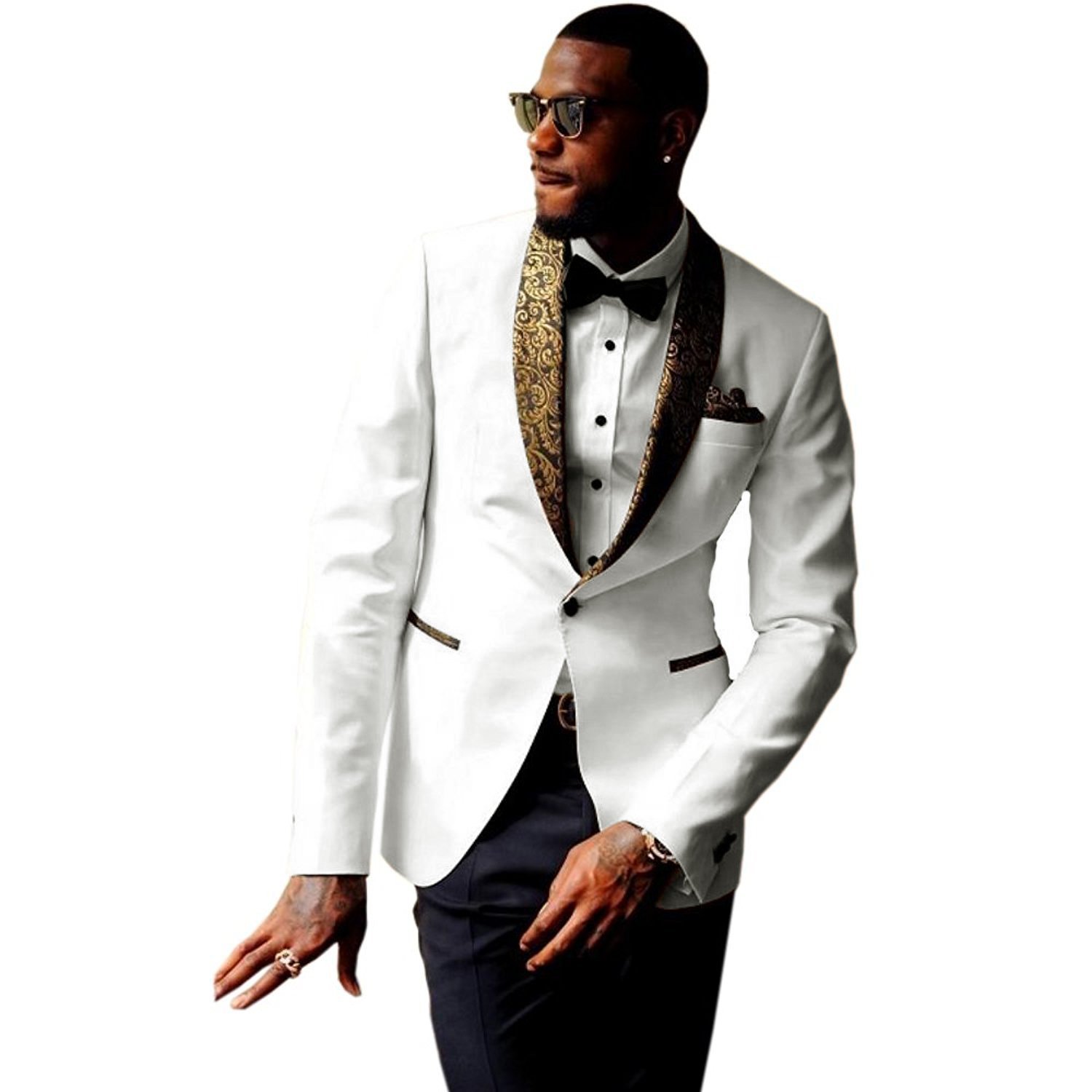 Premium Jacquard Gold Paisley Floral Pattern Shawl Lapel Slim Fit Tuxedo Suit for Men - White Formal Wedding Groom Prom Suit | Perfect for Weddings, Prom Nights & Black Tie Events