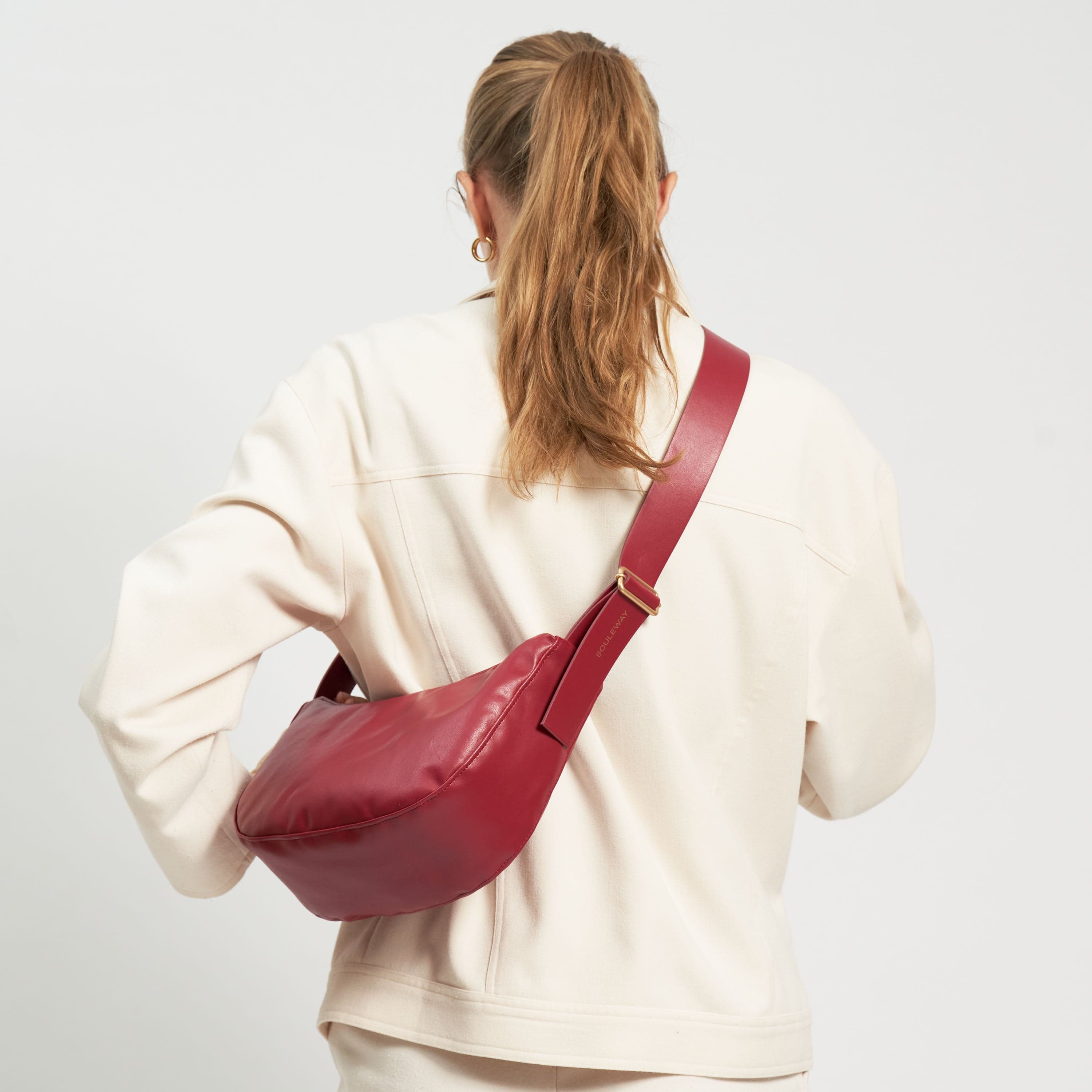 Oleatex Vegan Olive Leather Half Moon Crossbody Bag | Cherry Red | Eco-Friendly Fashion for Women | Perfect for Casual Outings & Evening Events