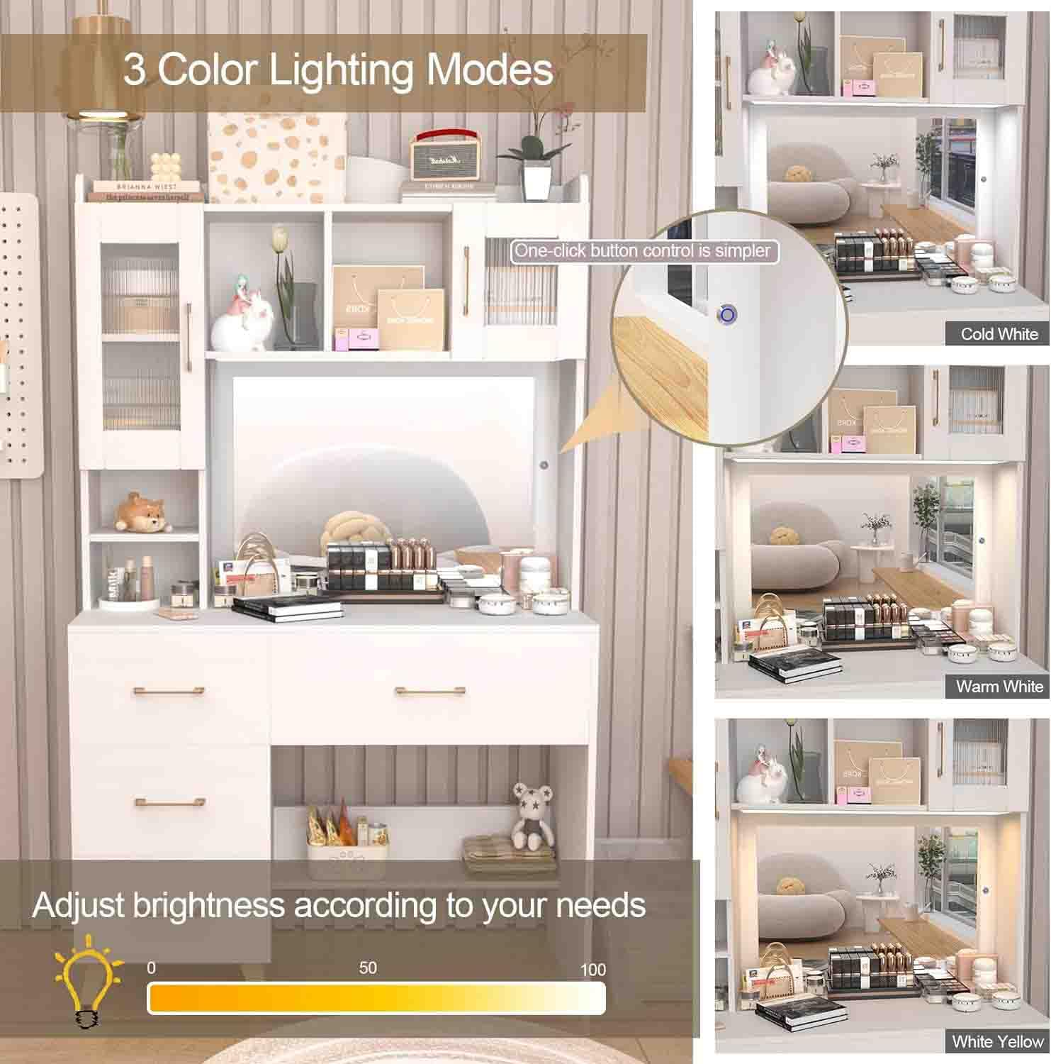 Modern White Vanity Desk with Large Lighted Mirror & Storage - 66.9