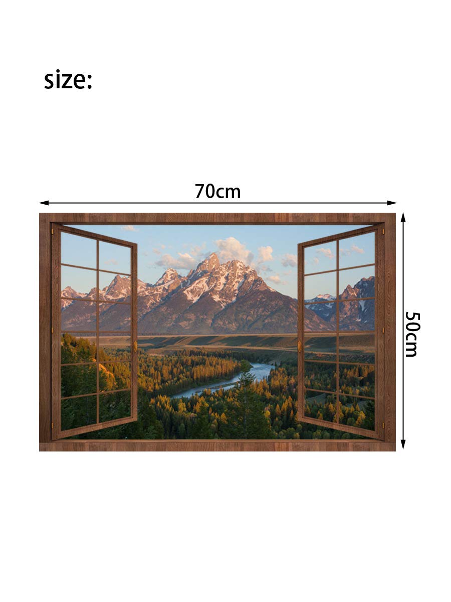 DNVEN 3D Fake Wood Window Decal - Mountain Lake Scenery Wall Sticker, High Definition Faux Window Frame Mural (28x20 inches) for Bedroom, Living Room & Playroom - Perfect for Home Decor, Office & Nursery Wall Art