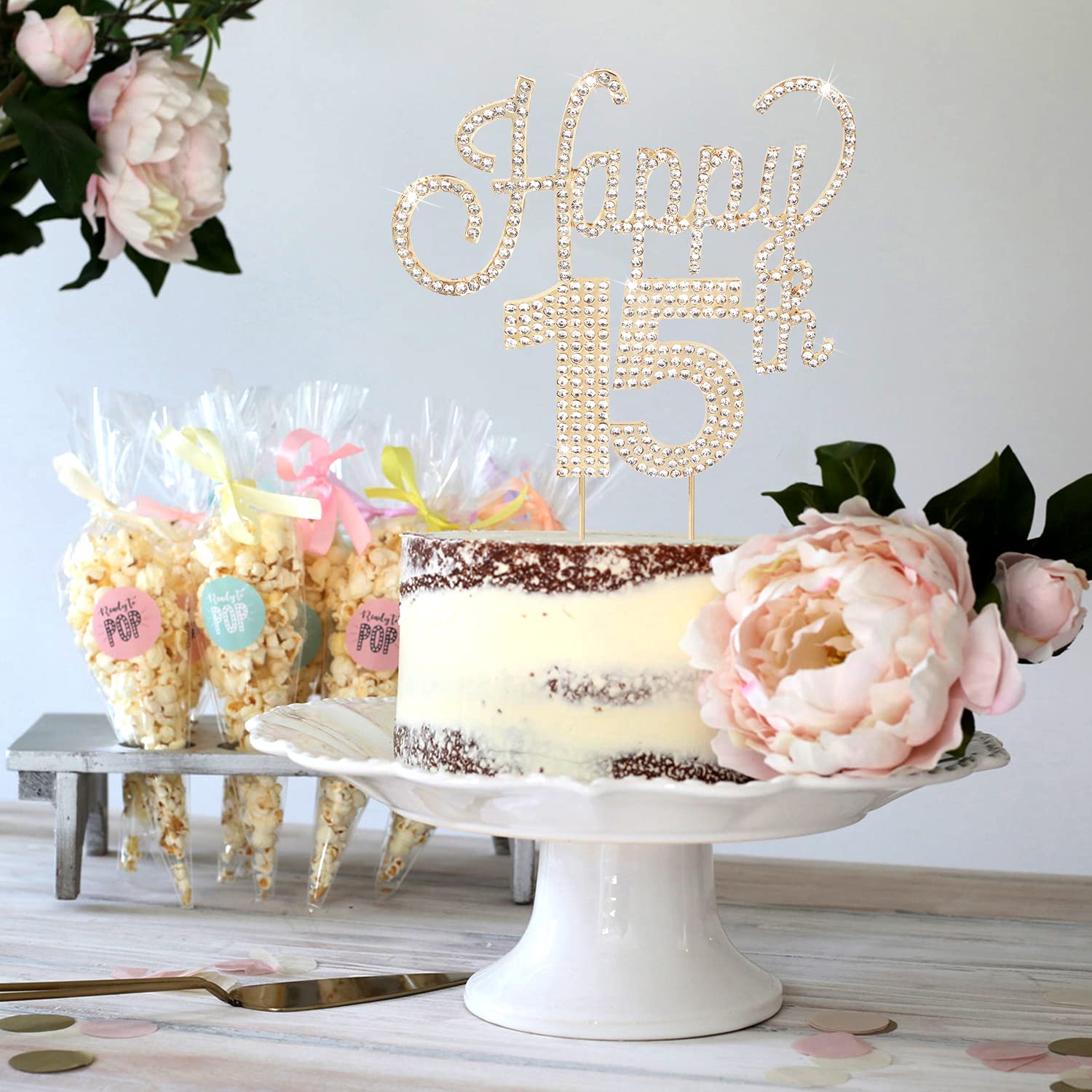 LINGTEER 15th Birthday Cake Topper - Gold Rhinestone Party Decorations for Sweet Sixteen, Anniversary & Milestone Celebrations - Perfect for Cake Centerpieces, Gift Signs & Special Occasions