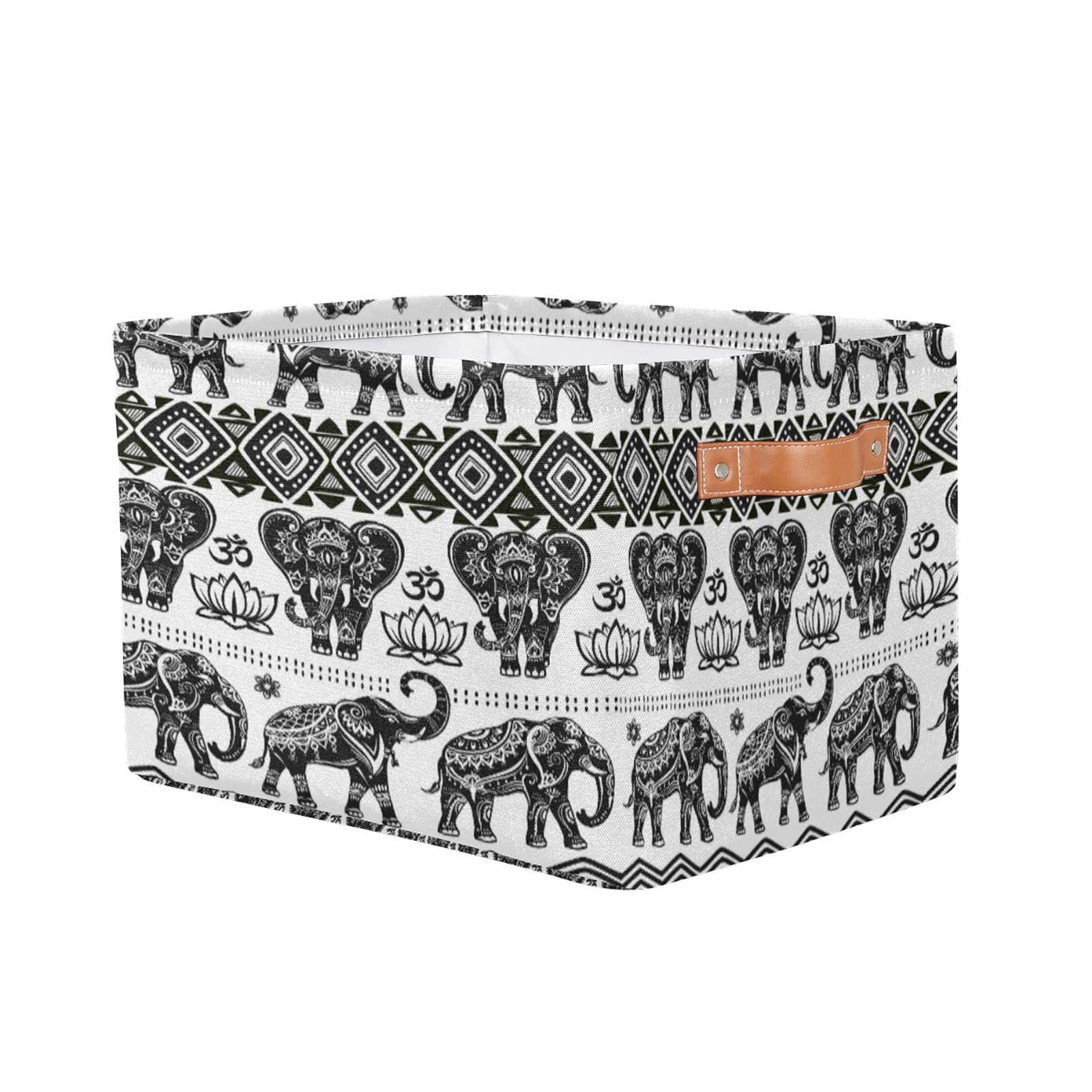 Foldable Fabric Storage Bins with Handles - Ethnic Elephant Lotus Pattern Organizer Box for Shelves, Closet, Nursery & Toy Storage (15x11x9.5 Inches) | Perfect for Home Organization, Baby Room Decor & Space Saving Solutions