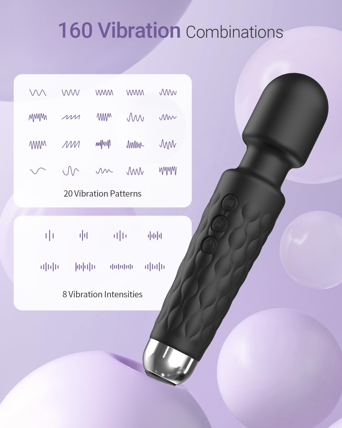 Powerful Waterproof Vibrator Wand for Women - 8 Speeds & 20 Vibration Patterns - Clitoral Stimulator & G-Spot Massager - Adult Sex Toy for Solo Play & Couples Intimacy (Black)