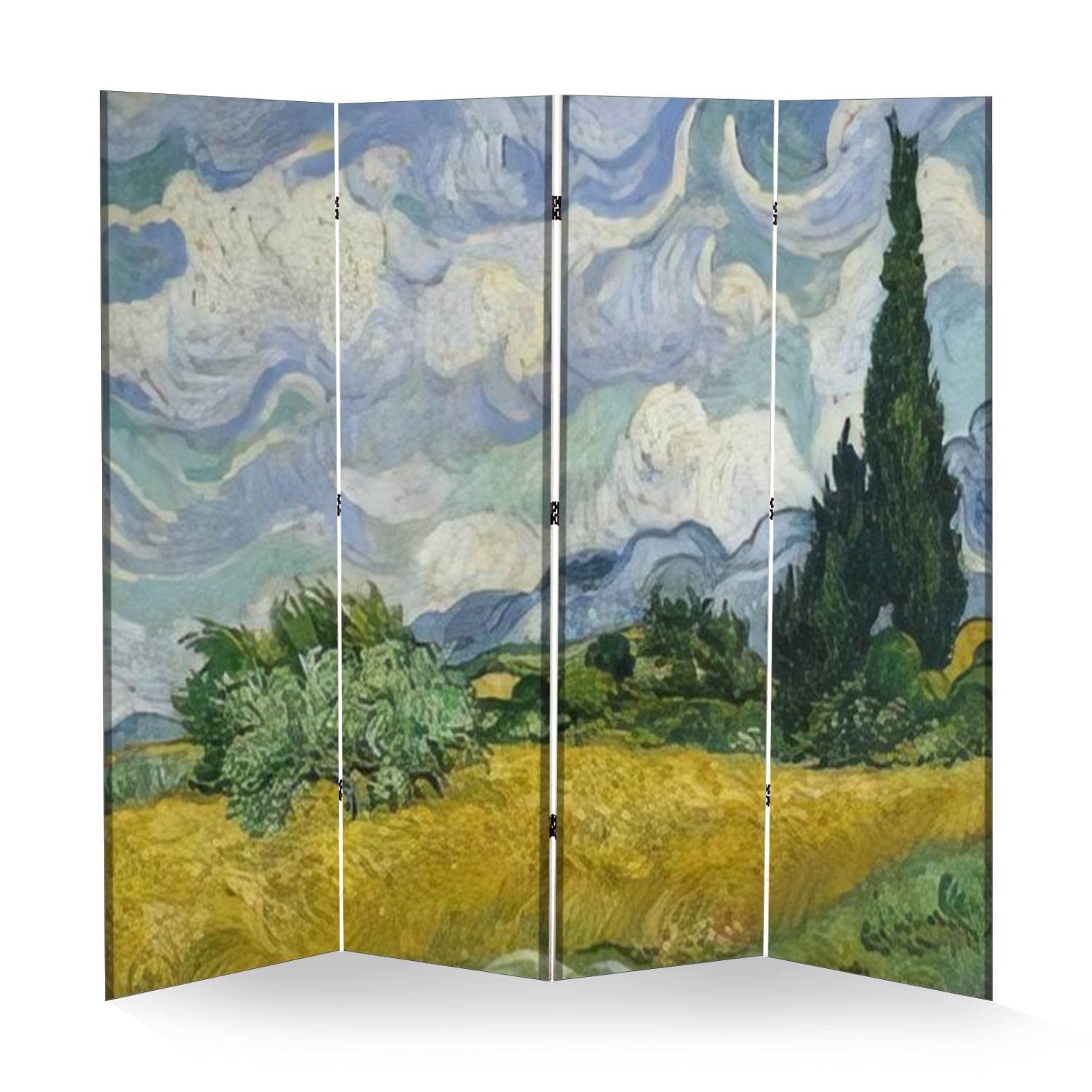 4 Panel Folding Room Divider - Van Gogh Wheat Field with Cypresses Art Print - Portable Privacy Screen for Home & Office - Freestanding Wall Separator for Bedroom, Living Room, or Studio