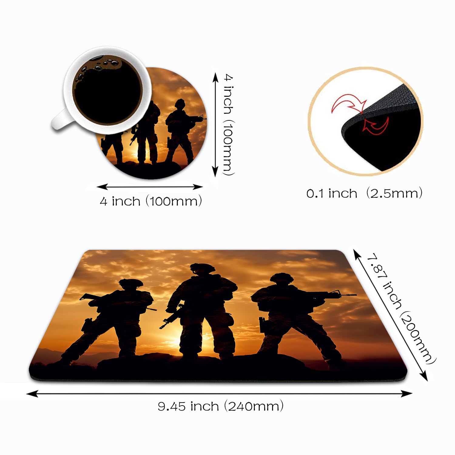 American Army Troops Military Mouse Pad & Coasters Set - Non-Slip Rubber Base Rectangle Mouse Pad for Laptop, Computer & Office Accessories - Perfect for Gaming, Work & Home Office Setup