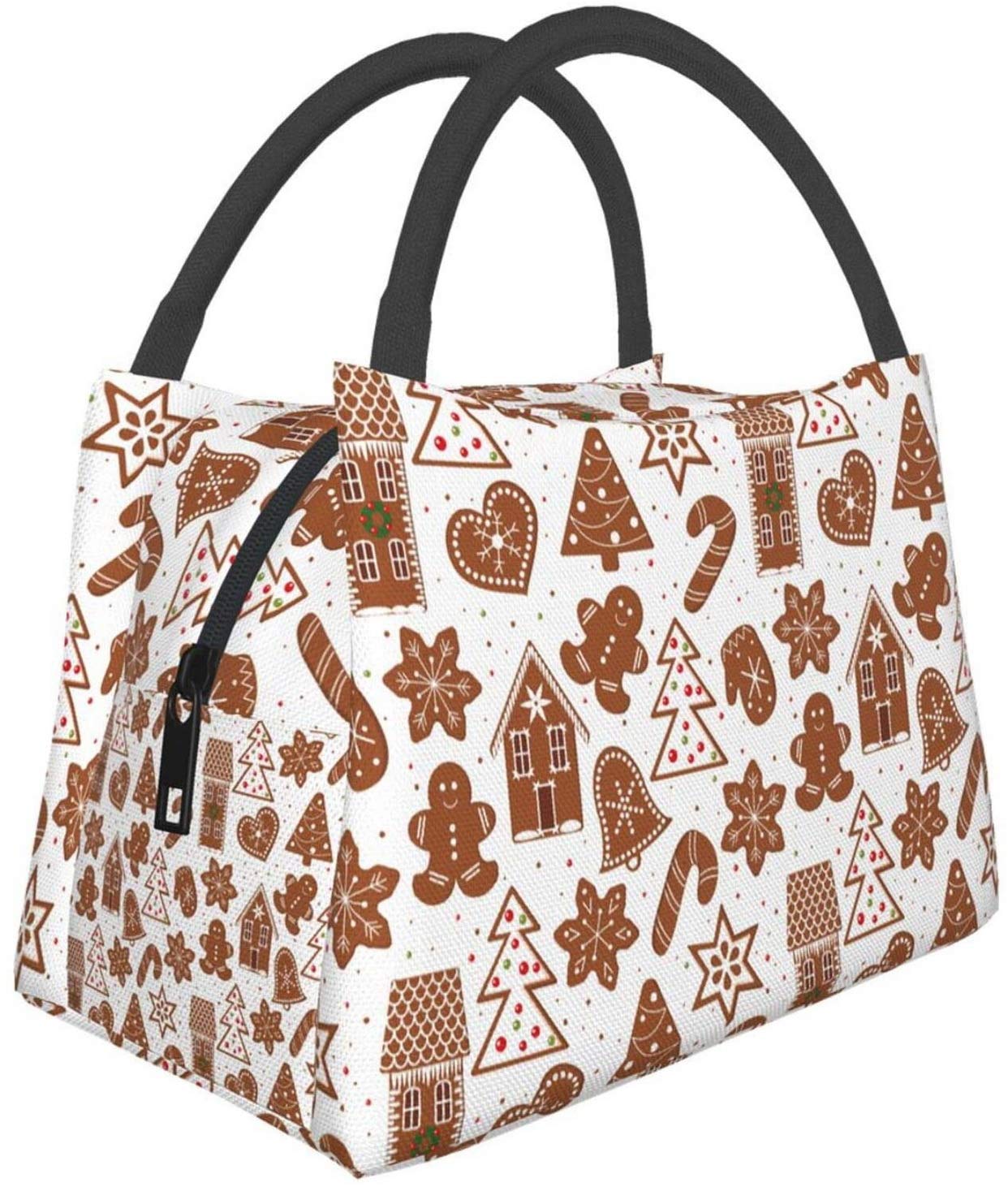 Insulated Lunch Bag for Office, School & Outdoor - Waterproof Bento Box Tote for Hiking, Beach, Picnic & Fishing - Christmas Themed Gingerbread House Design (Chocolate Brown)
