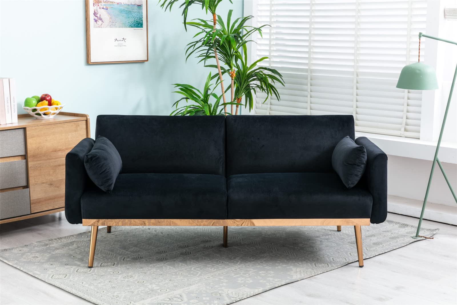 Luxury Velvet Convertible Sofa Bed with 2 Pillows & Adjustable Backrest - Modern Upholstered Futon Loveseat with Metal Legs for Living Room, Bedroom or Small Space (Black) - Perfect for Apartments, Guest Rooms & Cozy Lounging