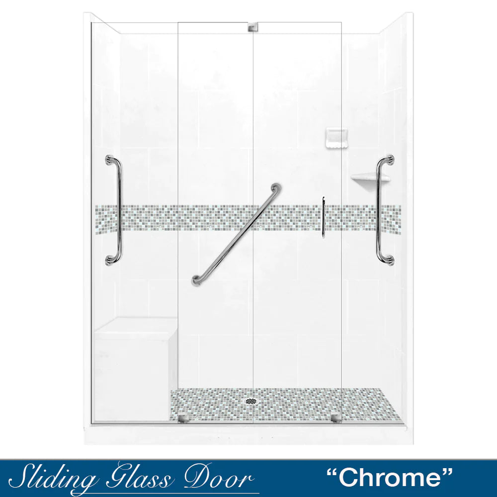 60 Alcove Natural Buff Sistine Stone & Del Mar Mosaic Accent DIY Shower Remodel Kit with Free Shampoo Niche - Bathroom Renovation Tile Set for Shower Walls and Backsplash