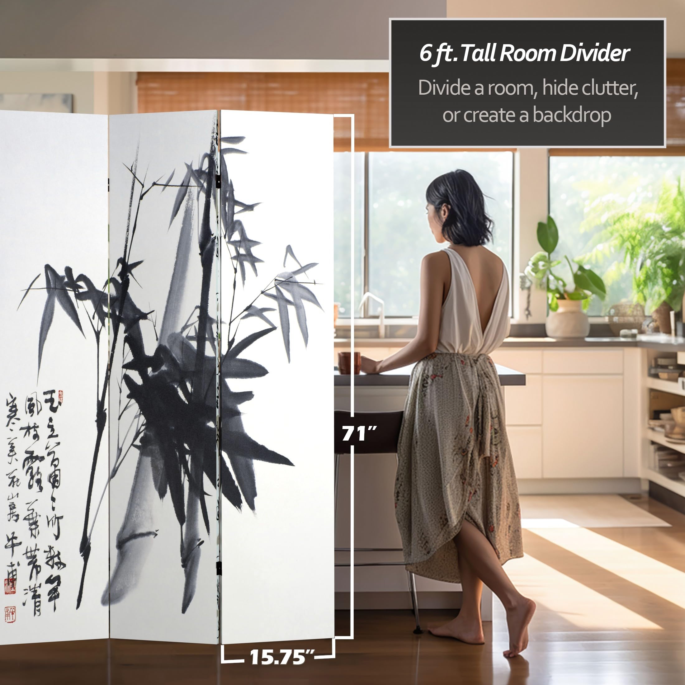 6 ft. Tall Red Lantern Double Sided Zen Brushstroke Canvas Room Divider - Bamboo Calligraphy Asian Style Folding Screen for Home Decor, Office Partition & Meditation Space