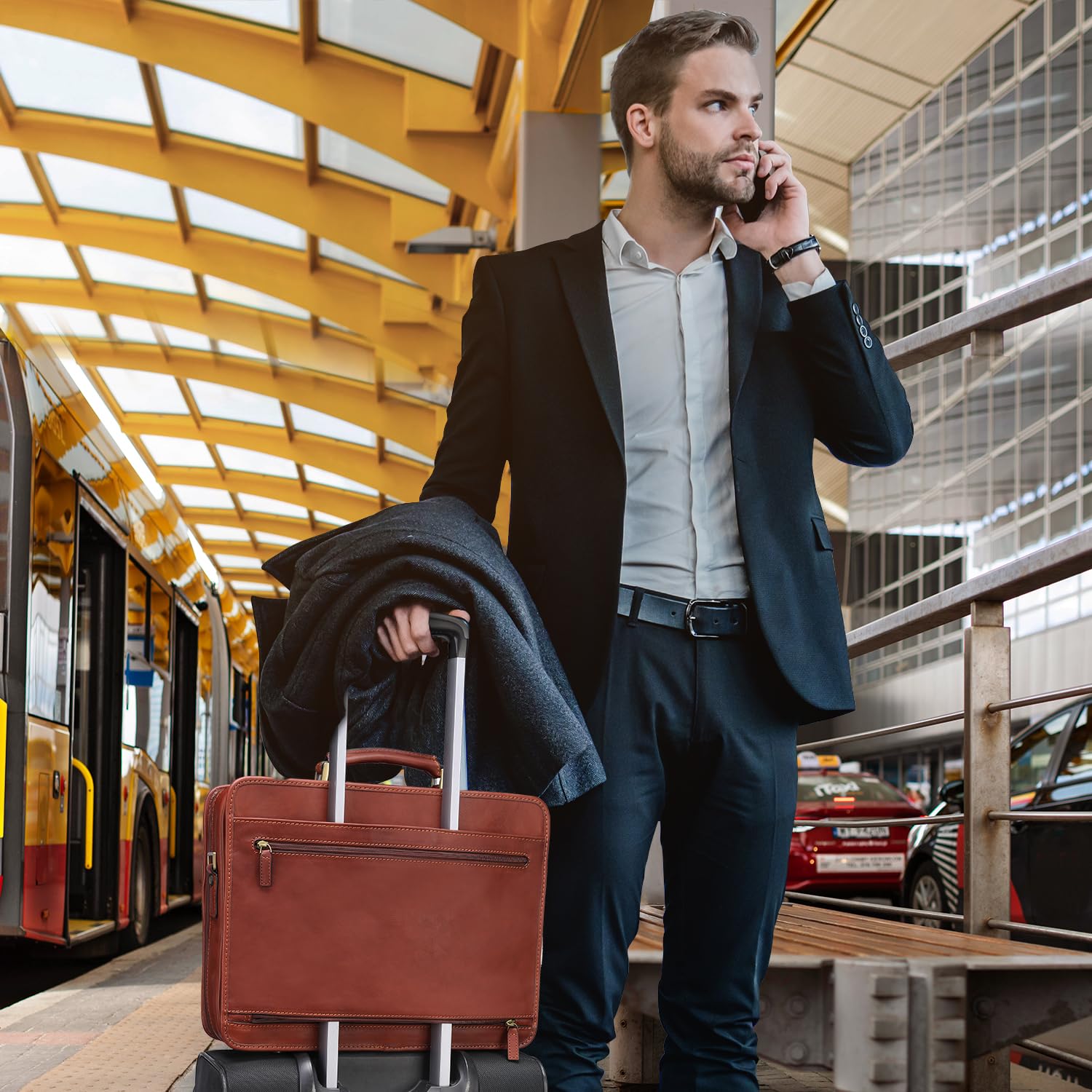 Premium Vintage Italian Leather Briefcase for Men - Full Grain Business Laptop Bag with Luggage Strap (Brown) - Ideal for Office, Travel & Professional Meetings
