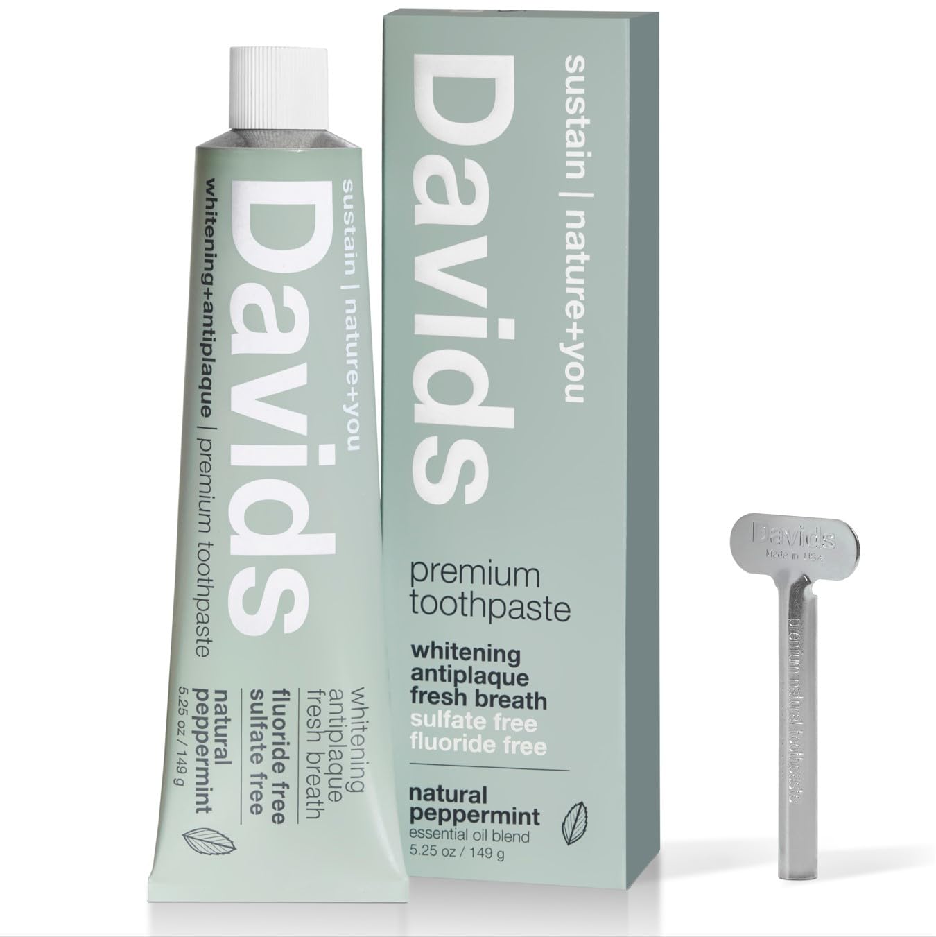 David's Natural Toothpaste for Teeth Whitening - Peppermint Flavor, Antiplaque Formula, Fluoride Free & SLS Free | EWG Verified, Includes Toothpaste Squeezer & Recyclable Metal Tube (5.25oz) - Perfect for Daily Oral Care & Eco-Conscious Consumers