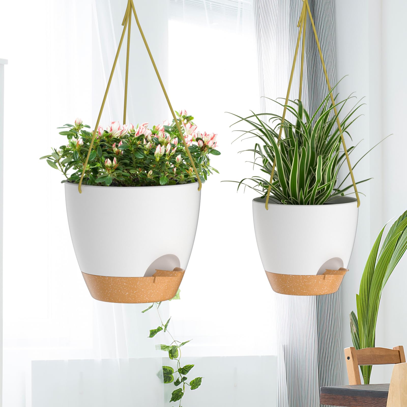 ZMTECH 8 Inch Self Watering Hanging Planters - 2 Pack Indoor Outdoor Plastic Flower Pots with Drainage Holes & Removable Saucer - Perfect for Balcony, Patio, Garden Decor (White)