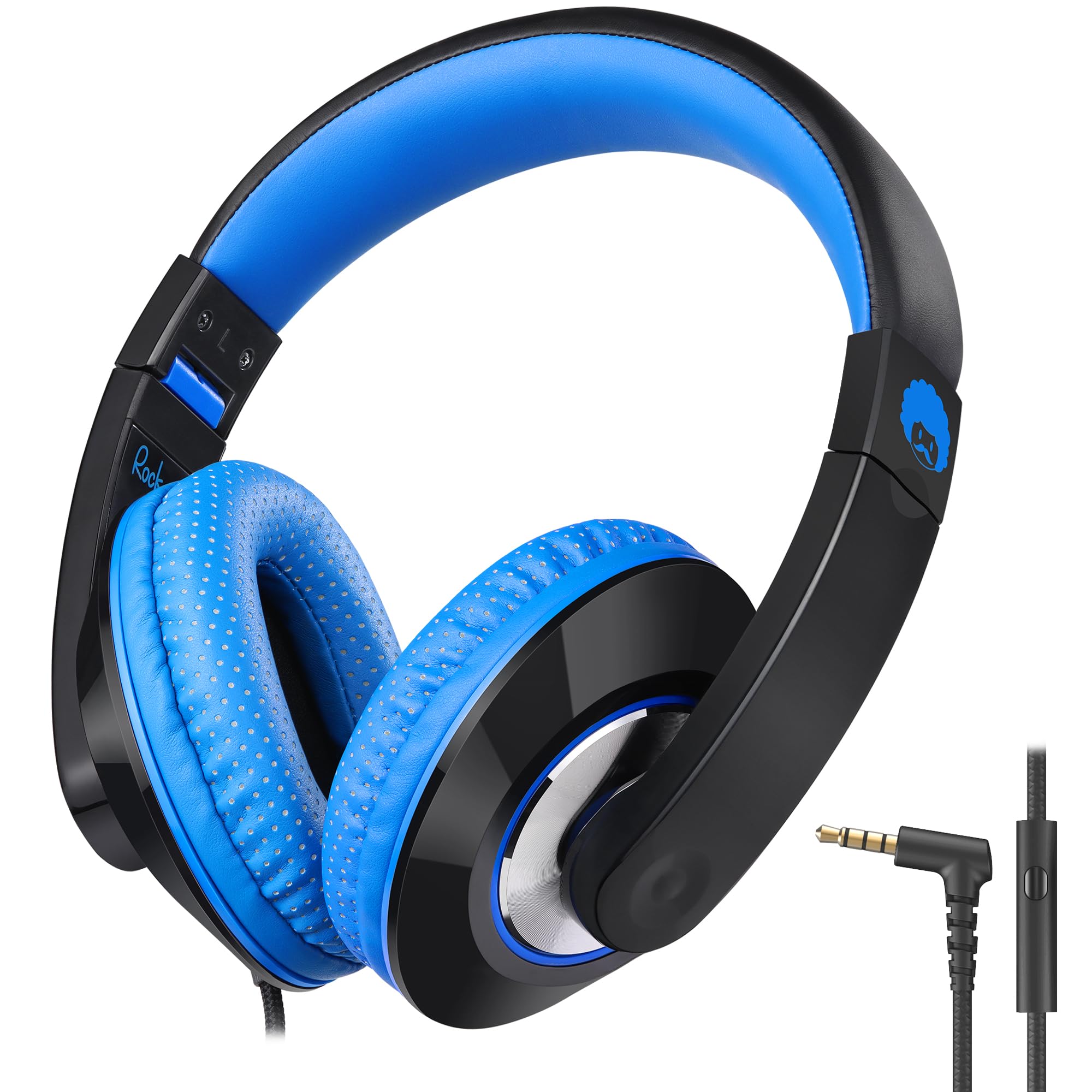 Rockpapa Comfort+ Kids Headphones with Microphone - Over-Ear Wired Headphones for Boys & Girls, Students - Compatible with School, Classroom, Laptop, PC, Computer & Tablet (Black/Blue) - Perfect for Online Learning, Homeschooling & Remote Classes