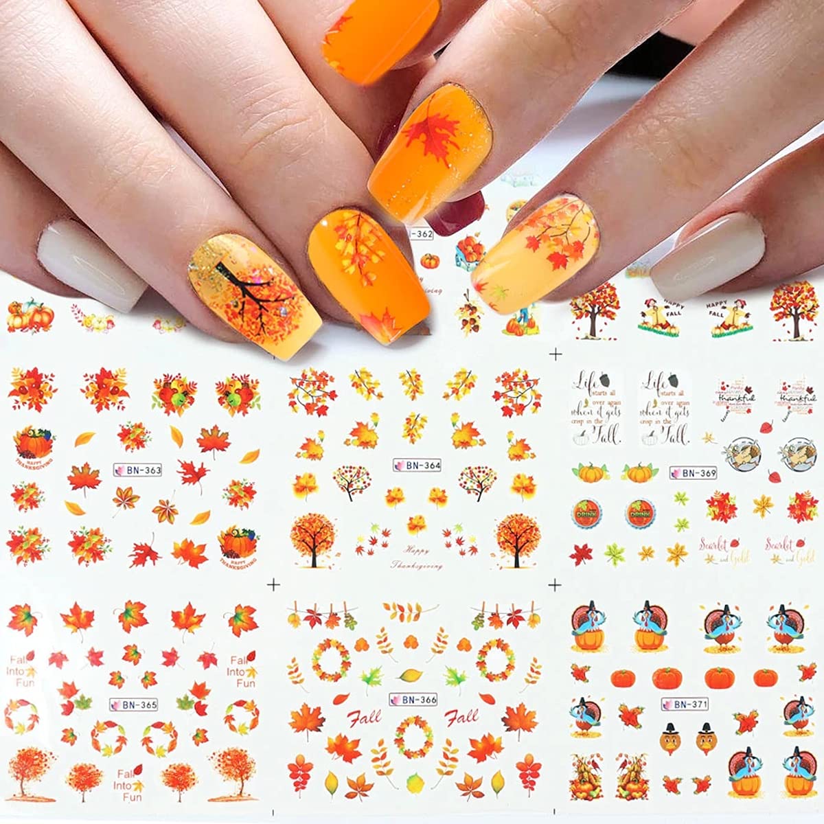 12 Sheets Fall Nail Art Stickers - Thanksgiving Nail Decals with Maple Leaf, Pumpkin & Turkey Designs | Water Transfer Foils for Women, Girls & Kids | DIY Fingernail & Toenail Decoration | Perfect for Autumn Manicures, Halloween Parties & Holiday Nail Art
