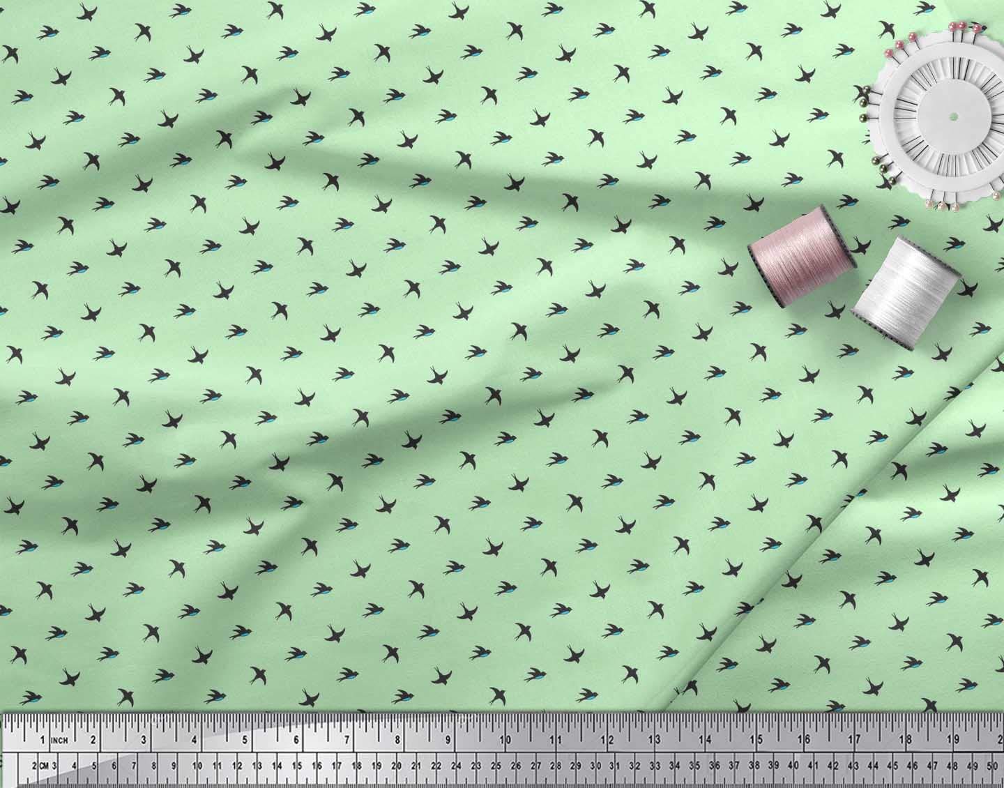 Soimoi Rayon Fabric by The Yard - 56 Inch Wide Green Swallow Bird Print Fabric for Dresses, Skirts & DIY Sewing Projects - Avian Beauty Design