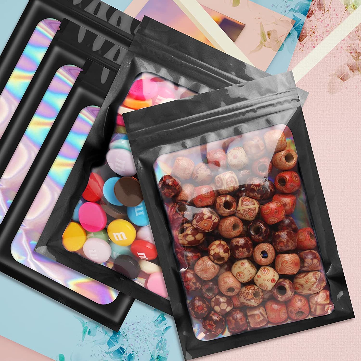 100 PCS Holographic Mylar Bags - Resealable Small Plastic Bags for Lip Gloss, Jewelry, Eyelash Extensions - Cute Sample Pouches for Small Business (Black, 2.4 x 3.9 Inch) | Perfect for Beauty Products, Party Favors & Retail Packaging