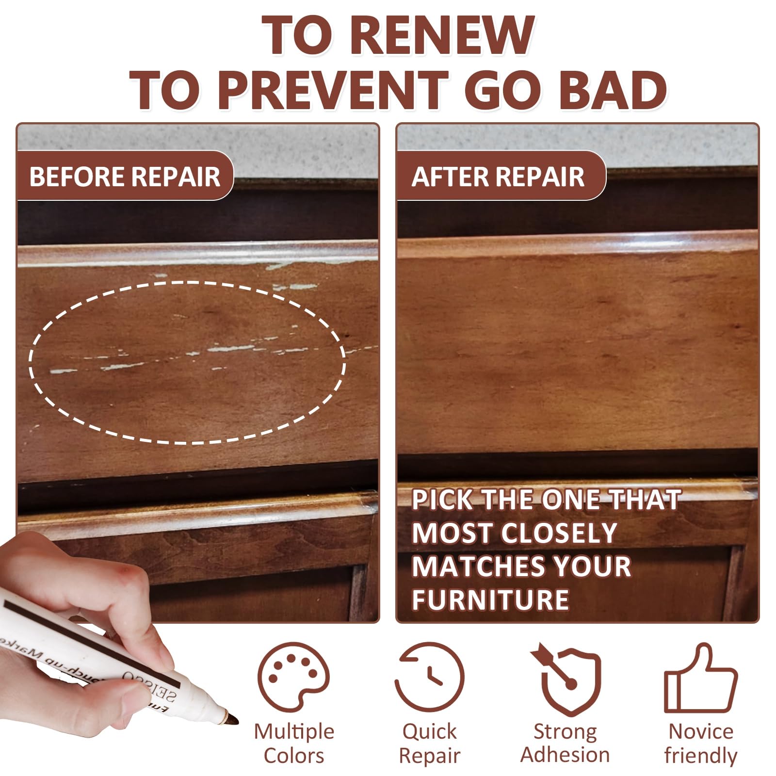 Upgraded 24-Piece Wood Furniture Repair Kit - Markers & Wax Sticks with Sharpener & Black Cloth - Fix Scratches, Nail Holes & Molding on Tables, Chairs, Cabinets - Perfect for Home, Office & DIY Restoration Projects