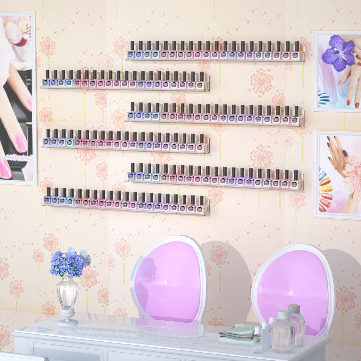 FEMELI 24 Inch Clear Acrylic Nail Polish Wall Rack with 6 Shelves - Holds 130-180 Bottles, Nail Polish Organizer for Salon, Home & Professional Use - Perfect for Nail Artists, DIY Enthusiasts & Beauty Storage