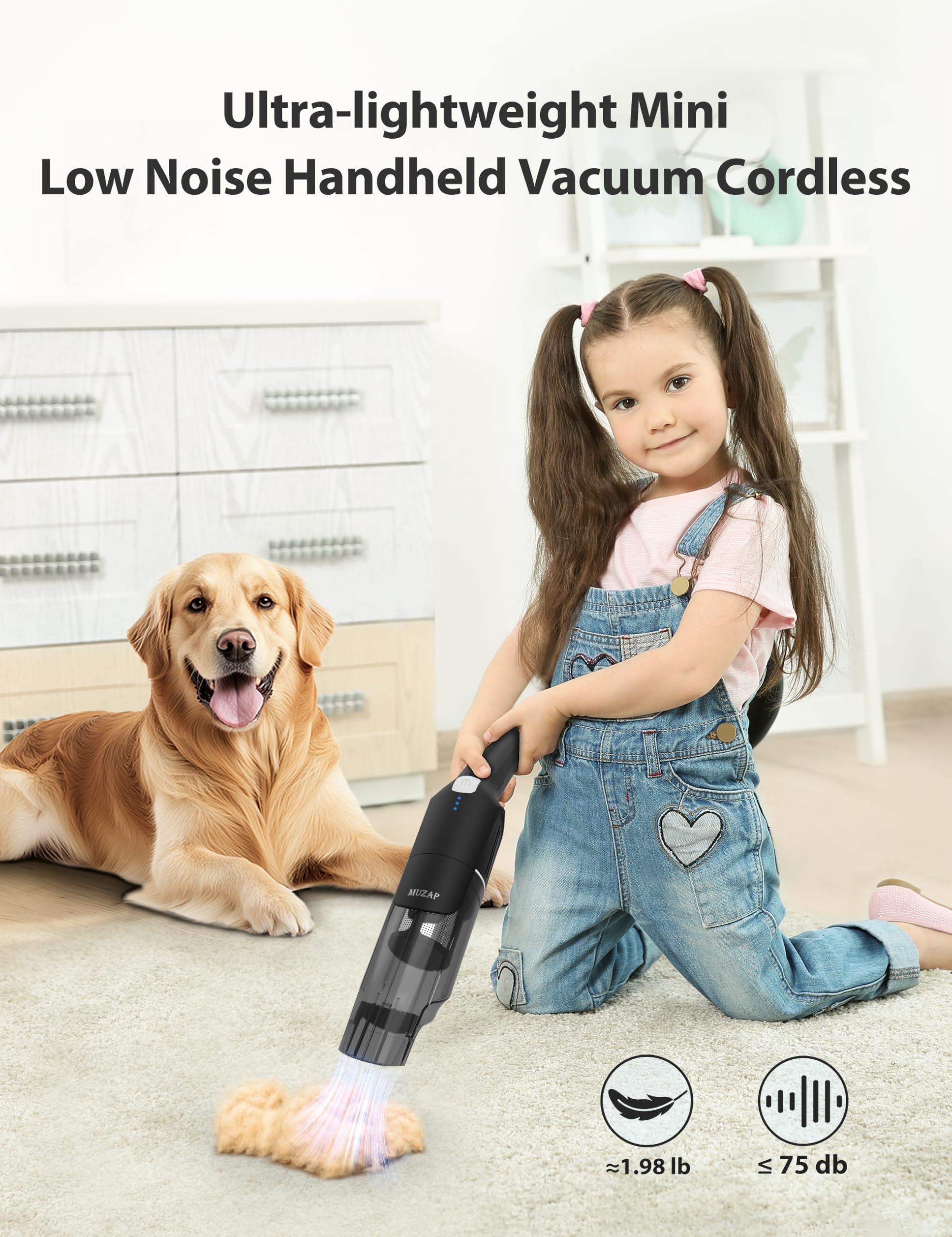 15KPA Powerful Cordless Handheld Vacuum - Rechargeable Car Vacuum with 30 Min Runtime, 500ML Detachable Dust Cup, 1.4lb Lightweight & 2-in-1 Brush - Ideal for Kitchen, Pet Hair, Car Cleaning (Black)